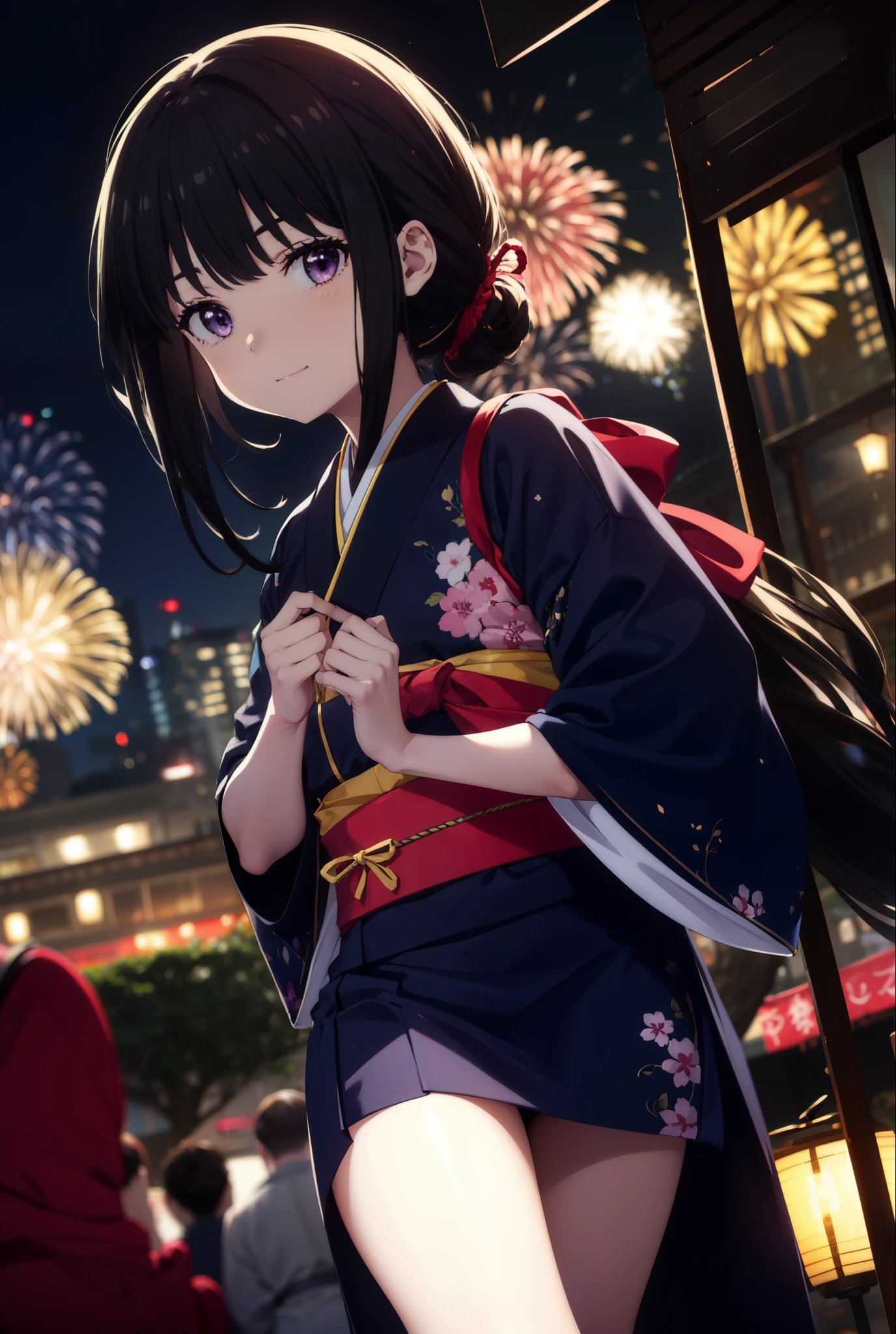 Takiuchi, Check it out,One Girl, Long Hair, bangs, Black Hair, (Purple eyes:1.2),Flower Hair Ornaments,hair tied back,smile,blush,Embarrassing,Blue Kimono,Blue long skirt,Sandals,日本のfestival,夏festivalの屋台、Red lantern,Fireworks in the night sky,Fireworks,The place is a fireworks display,Time is night,whole bodyがイラストに入るように,Looking up from below、Walking,
break outdoors, festival,shrine,
break looking at viewer, whole body, (Cowboy Shot:1. 5)
break (masterpiece:1.2), highest quality, High resolution, unity 8k wallpaper, (figure:0.8), (Beautiful fine details:1.6), Highly detailed face, Perfect lighting, Highly detailed CG, (Perfect hands, Perfect Anatomy),