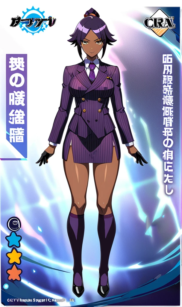 Full body Yoruichi as a thin Black business woman in a double breasted pinstripe purple skirt suit while wearing a tie with a long purple pinstripe skirt and with purple knee socks full art