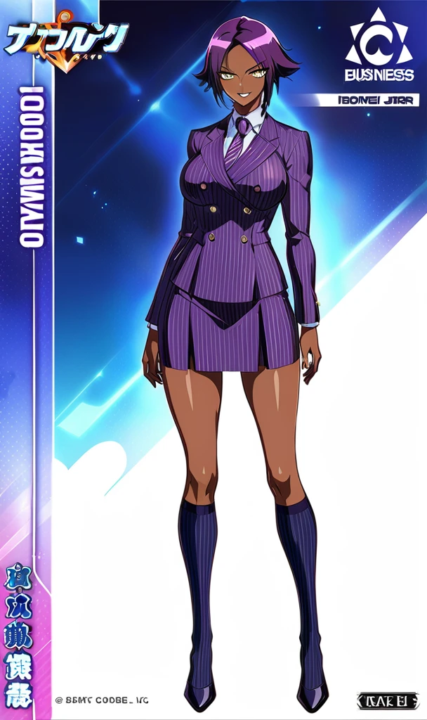  Full body Yoruichi as a thin Black business woman in a double breasted pinstripe purple  skirt suit while wearing a tie with a long purple pinstripe skirt and with purple knee socks full art 
