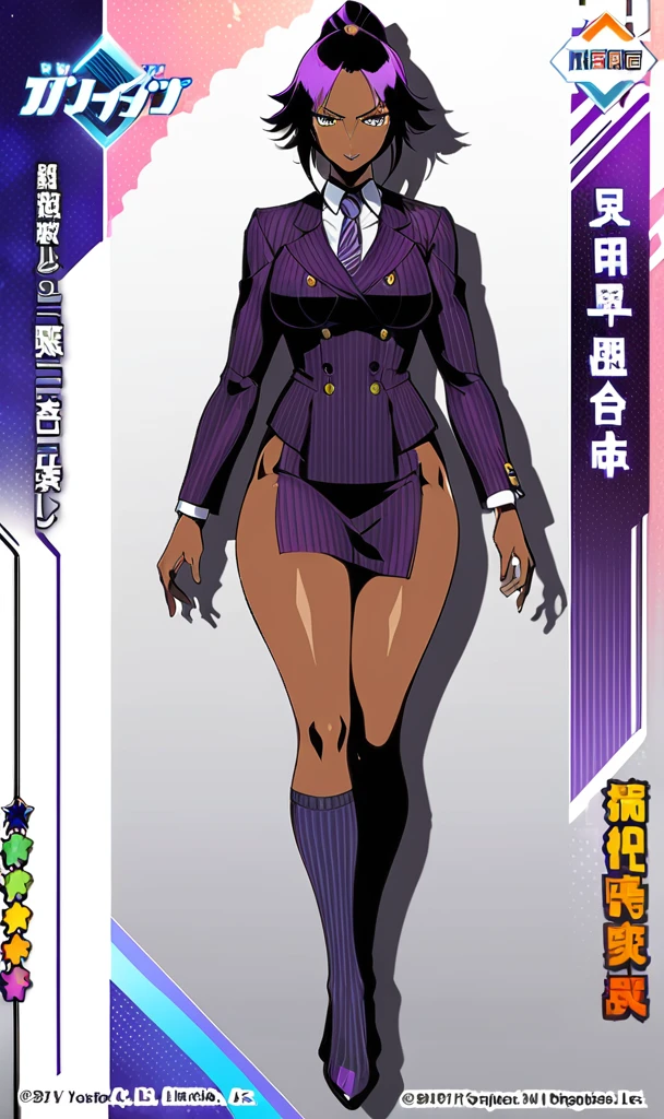 Full body Yoruichi as a thin Black business woman in a double breasted pinstripe purple skirt suit while wearing a tie with a long purple pinstripe skirt and with purple knee socks full art