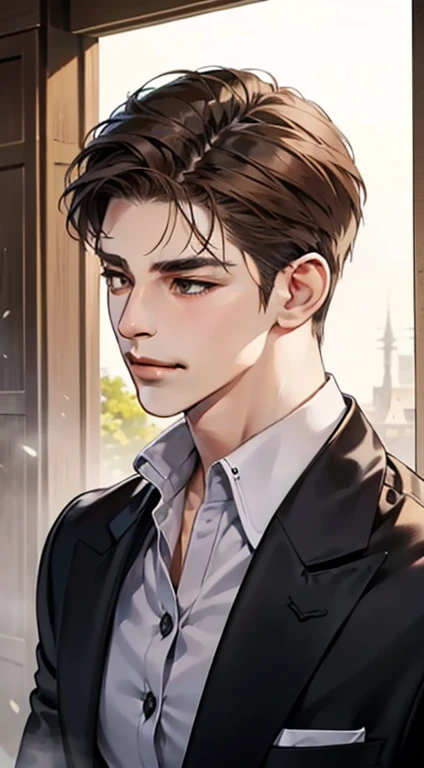 masterpiece, best quality, realistic, 1man, mature male, quiet and charming young man, 25 year old, a smirk, closed mouth, portrait, extremely detailed face, cold smile, ((dark eyes)), ((short-right-swept dark brown hair)), [thick eyebrows], ((suit)), handsome, distant shot, western, Jewish, light brown skin