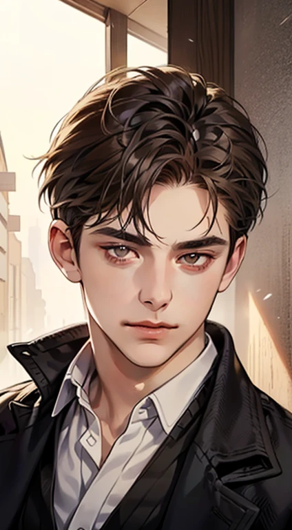 masterpiece, best quality, realistic, 1man, mature male, quiet and charming young man, 25 year old, a smirk, closed mouth, portrait, extremely detailed face, cold smile, ((dark eyes)), ((short-right-swept dark brown hair)), [thick eyebrows], ((suit)), handsome, distant shot, western, Jewish, light brown skin