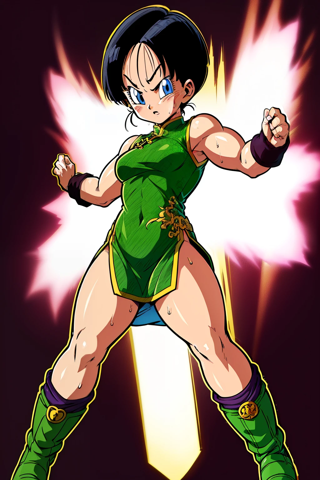 (high resolution, pixel perfect, gorgeous illustrations), (hyper quality, muste piece, etheric: 1.4), ((1girl, solo)), ((videl)), full body, ((stand,open legs)), (((muscular))), fighter, cool atmosphere, ((Exquisite face)), ((china dress)), shiny skin, gleaming skin, sweat, simple background, style_parody, anime_coloring,