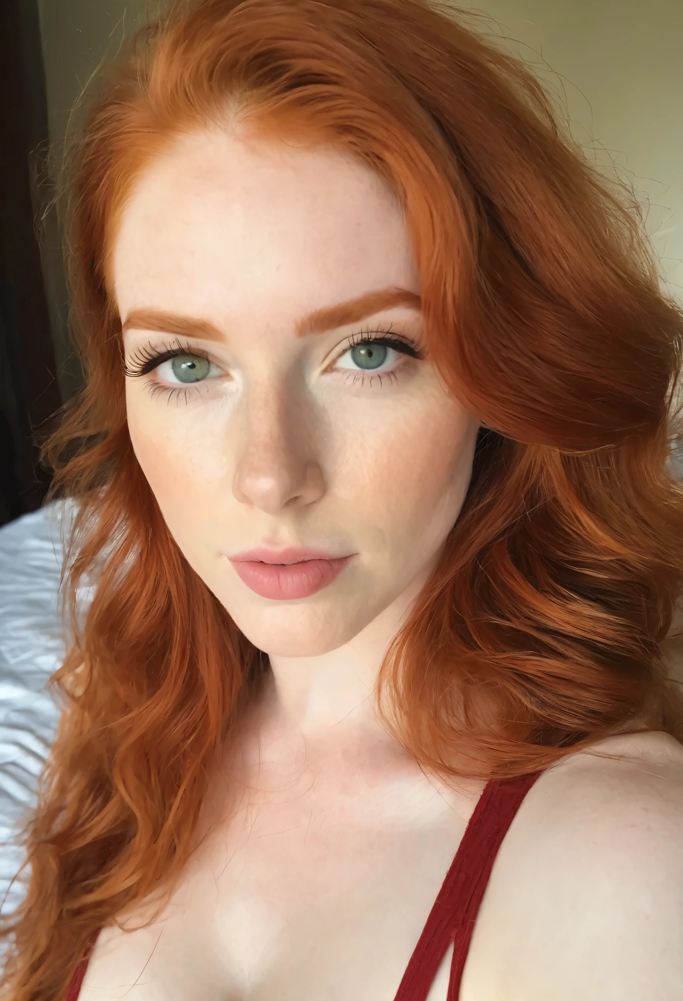 foto do instagram, Close-up headshot of the most beautiful redhead woman you know, Novo, Fission, pale skin, (sorrir:0.4), Sombras duras, melhor qualidade, work-πrhyme, ultra high resolution, (fotorealistisch:1.4), Foto RAW, 1Meninas, ((Novo)), ((peito grande)), luz fria, big booty, NSFW, posando na cama, gabar, mostrando as pernas, programa,