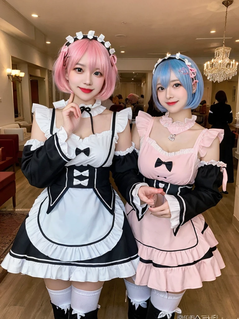 Accurate depiction with high resolution,(8K, Photorealistic, Raw photo, of the highest quality: 1.3), (1girl in), Super beautiful, (Realistic face), (boyish, pink Color Berry Shorthair), Beautiful , Glare that captivates the viewer, Beautiful expression, Beautiful breasts, (Realistic skin), Be...Create a detailed and colorful image of Ram and Rem from Re:Zero, standing back-to-back in their maid outfits, with a magical fantasy background、14years old, two girls,cute, perfect face, beautiful, nice body, gothic lolita clothes, gothic lolita fashion, frilly skirt, headdress, necklace, bracelet, knee-high socks, boots, double eyelids, tear bags, Detailed down to the fingers, photo-like description, indoors, dim indoor lighting, one girl is pink hair and short bob, another girl is light blue hair and short bob,standing,whole body, composition that shows the whole body, smiling,The Both of them are wearing the same type of maid outfit,Optimal ratio of 4 fingers and 1 thumb,walking