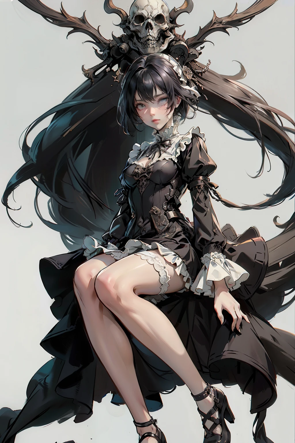 Vampire, Lady, Oversized Sleeves, Black veat, foformal, White Top, Pale, Long black hair, tall heels, ponity ears, slight eye bags, different poses, different angles, detailed, Ruffles on sleeves and front of shirt