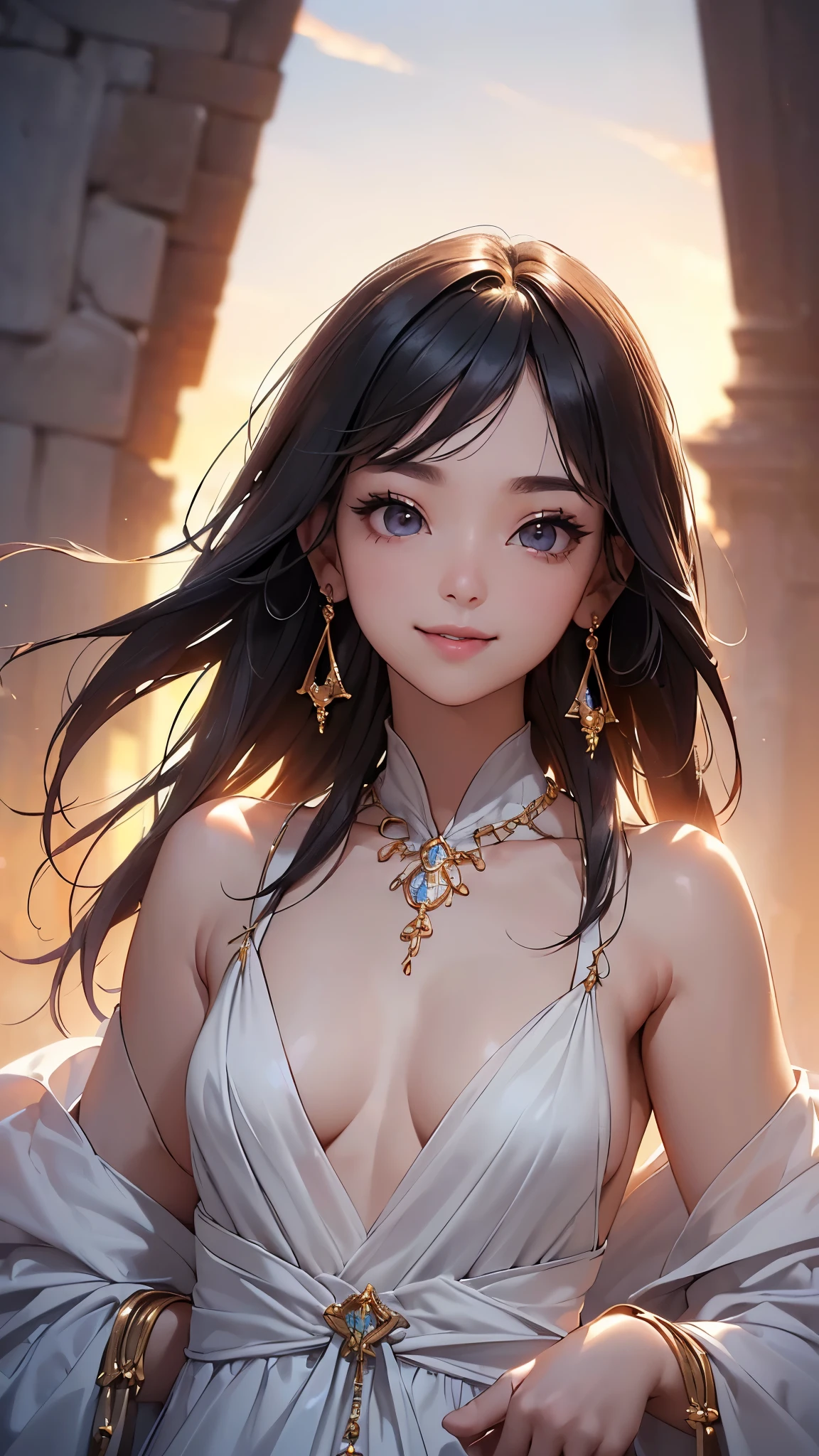 ((Biologically correct limb count))、((Full Body Shot, Full-body photo including face、Head to toe photos))、4K、masterpiece、((Focus on the face))、((Symmetrical facial features))、Eyes of meticulous depiction、One beautiful woman、Excellent style、(stockings、High heels with anklets)、Detailed depiction of the face、Small earrings、necklace、((Close-up photo of the upper body))、(Wizard、dress)、sunset、(Low - Angle)、(smile)、((Thick morning fog all around)、I can't see anything around me、smoke)、Upper body close-up、In front of Itsukushima Shrine