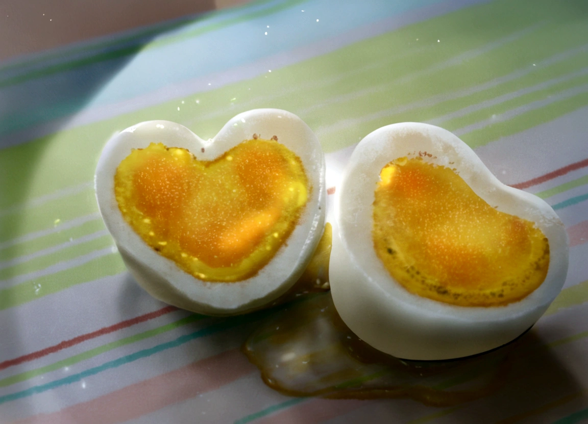two halves of cooked eggs on a plate with a striped table cloth, eggs, heart, hearty breakfast, egg yolk, egg, an egg, mmmmm, hearts, hatching, translucent eggs, cooked, heartwarming, cute:2, (heart ), raw egg yolks, puffy, a bright colored, nostalgic, heart-warming, cheap, cooked breakfast
