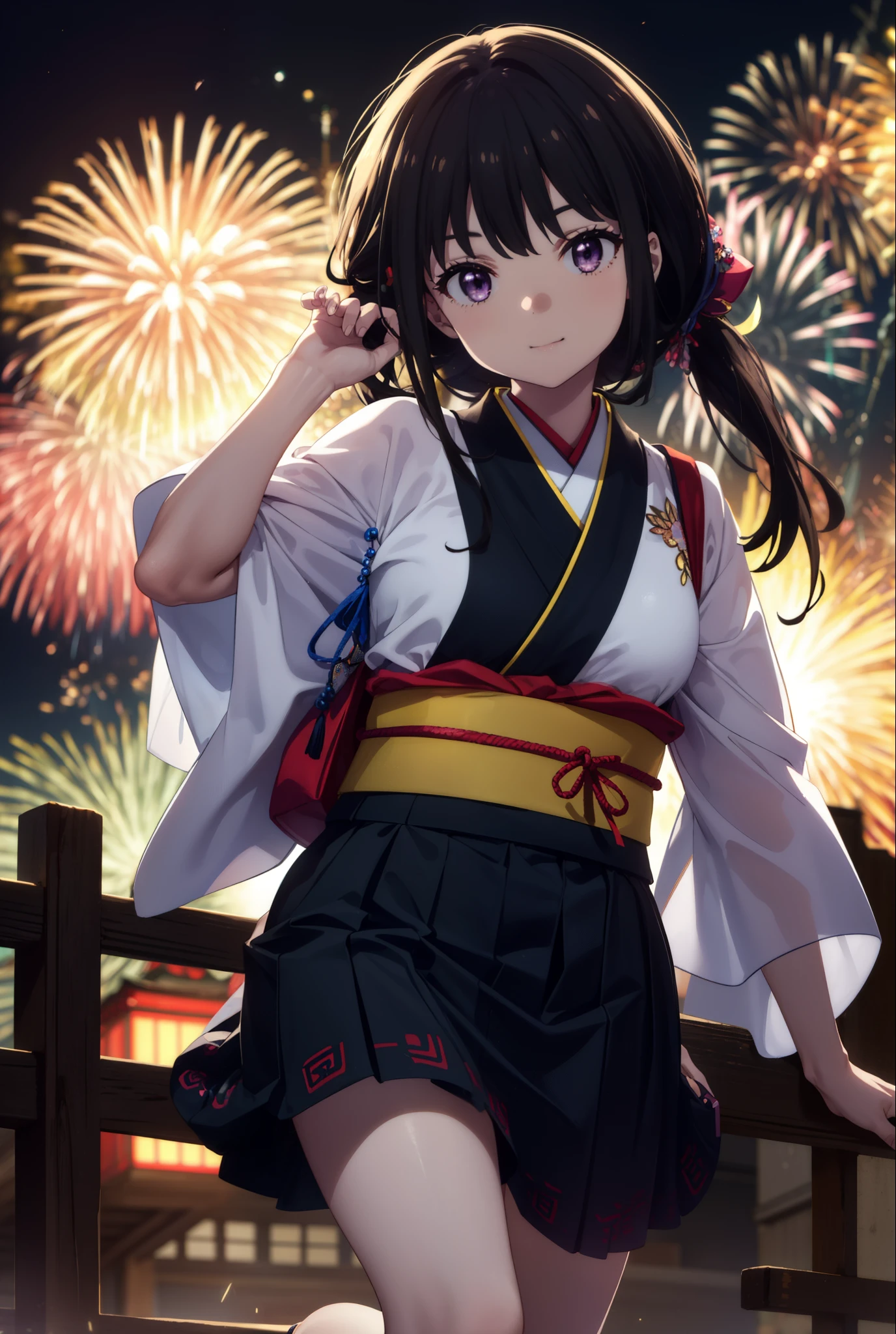 Takiuchi, Check it out,One Girl, Long Hair, bangs, Black Hair, (Purple eyes:1.2),Flower Hair Ornaments,hair tied back,smile,blush,Embarrassing,Blue Kimono,Blue long skirt,Sandals,日本のfestival，夏festivalの屋台、Red lantern,Fireworks in the night sky,Fireworks,The place is a fireworks display,Time is night,whole bodyがイラストに入るように,Looking up from below、Walking,
break outdoors, festival,shrine,
break looking at viewer, whole body,  (Cowboy Shot:1. 5)
break (masterpiece:1.2), highest quality, High resolution, unity 8k wallpaper, (figure:0.8), (Beautiful fine details:1.6), Highly detailed face, Perfect lighting, Highly detailed CG, (Perfect hands, Perfect Anatomy),