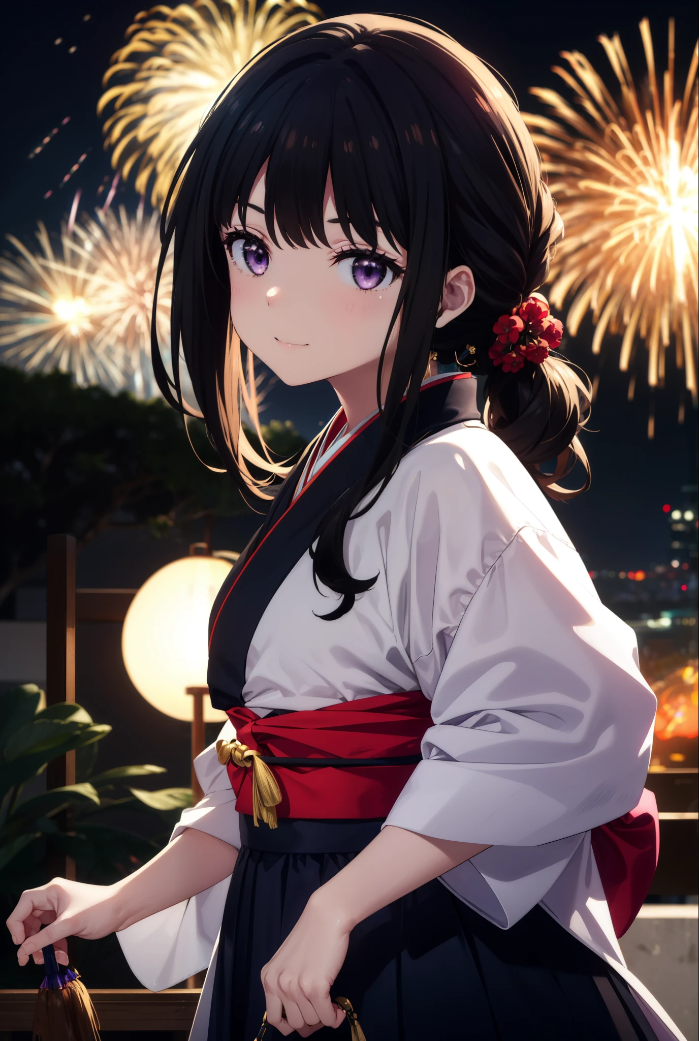 Takiuchi, Check it out,One Girl, Long Hair, bangs, Black Hair, (Purple eyes:1.2),Flower Hair Ornaments,hair tied back,smile,blush,Embarrassing,Blue Kimono,Blue long skirt,Sandals,日本のfestival,夏festivalの屋台、Red lantern,Fireworks in the night sky,Fireworks,The place is a fireworks display,Time is night,whole bodyがイラストに入るように,Looking up from below、Walking,
break outdoors, festival,shrine,
break looking at viewer, whole body, (Cowboy Shot:1. 5)
break (masterpiece:1.2), highest quality, High resolution, unity 8k wallpaper, (figure:0.8), (Beautiful fine details:1.6), Highly detailed face, Perfect lighting, Highly detailed CG, (Perfect hands, Perfect Anatomy),