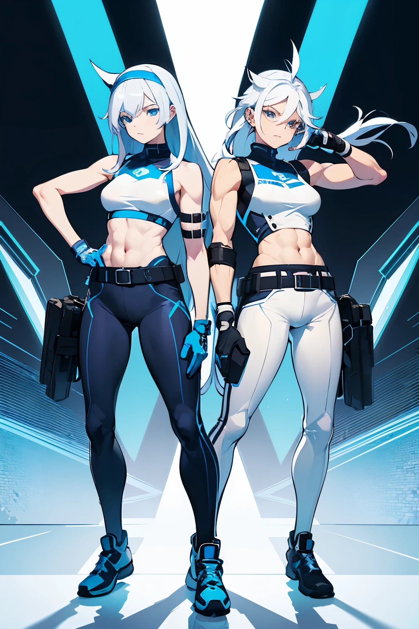 Body and Stance:
Slim and athletic build, often in a dynamic, ready-for-action pose.
Clothing:
Top: Sleeveless, tight-fitting blue top with a high collar and white accents.
Bottom: Dark blue pants that taper at the ankles, with multiple pockets and belts.
Gloves: Fingerless gloves for dexterity.
Shoes: Sporty, functional shoes for agility.
Accessories:
Arm guards: Protective and futuristic-looking.
Belt: Tactical belt holding additional gear.
Face and Hair:
Hair: , messy white hair with a blue headband.
Eyes: Sharp, blue eyes.
Facial Features: Youthful face with sharp, defined features.
Colors and Patterns:
Predominantly blue and white, with sleek, aerodynamic designs.