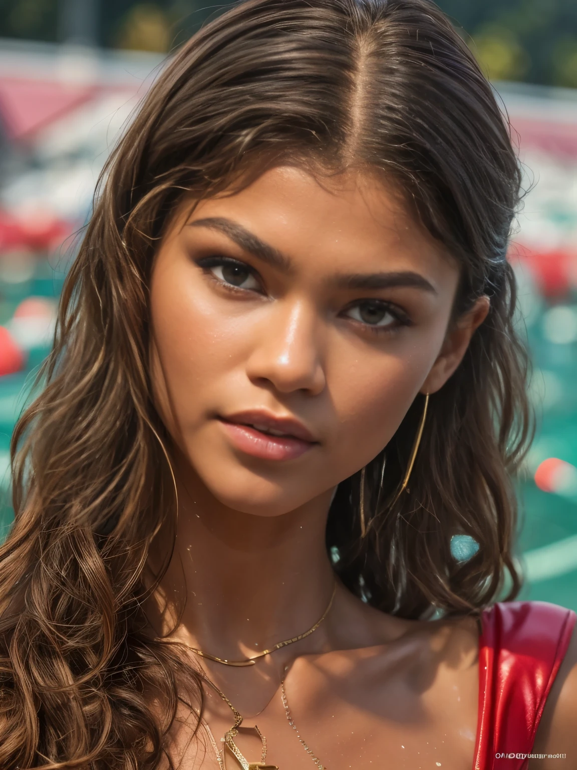 (Masterpiece, best quality, photorealistic, highres, photography, :1.3), close-up shot, sharp focus, Zendaya, realistic skin, wet body, beautiful midriff, slender body shape, natural breasts, (side swept long hair, extremely detailed hair), delicate sexy face, sensual gaze, ((wearing red wet bikini)), leaning in pool, ((realistic, super realistic, realism, realistic detail)), back