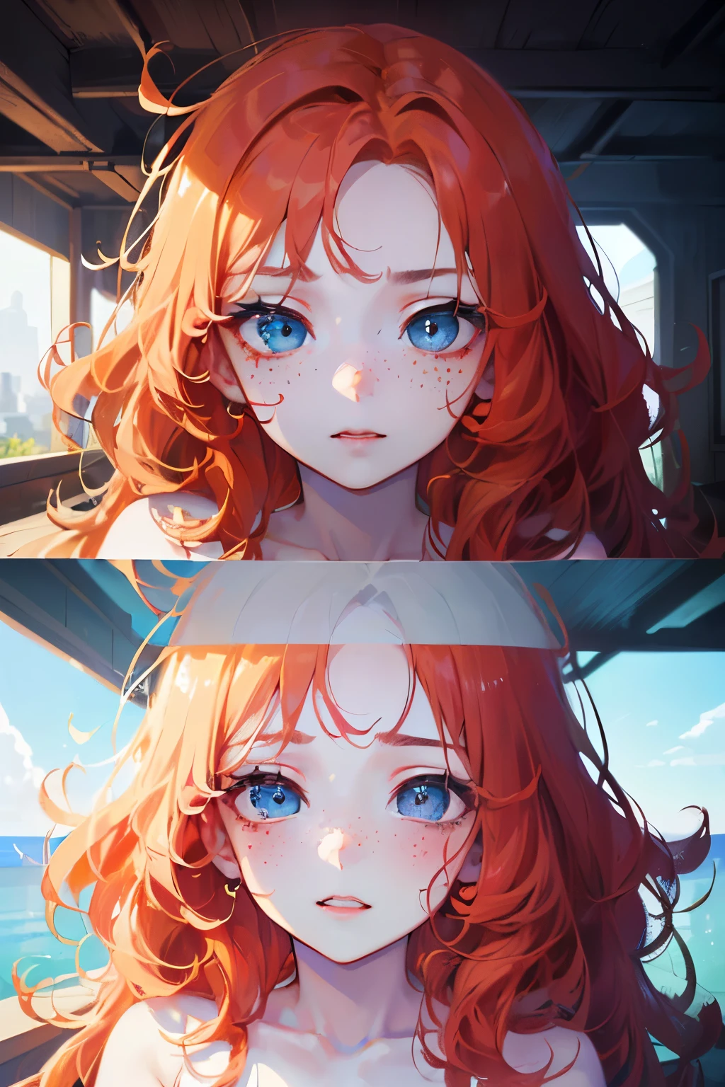 Top quality face,((Top Quality, 8k, Masterpiece: 1.3)), girl and boy, sexy, nsfw, ((wavy hair, pale skin, long light ginger hair),((light blue eyes)), freckles, warm light,( 16 years old), (very small round breasts),Ultra detailed face, detailed eyes, double eyelids, (body builder:0.8),(shiny skin:1.2),(satisfied face:1.3)