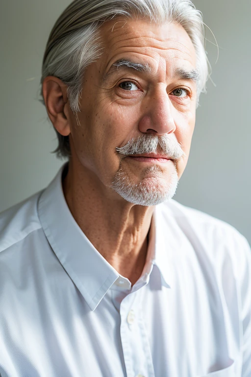 Gray Hair,True Face,Upper body only，White mustache,Stylish Uncle，no background，White shirt,7:3 parting，50th Generation