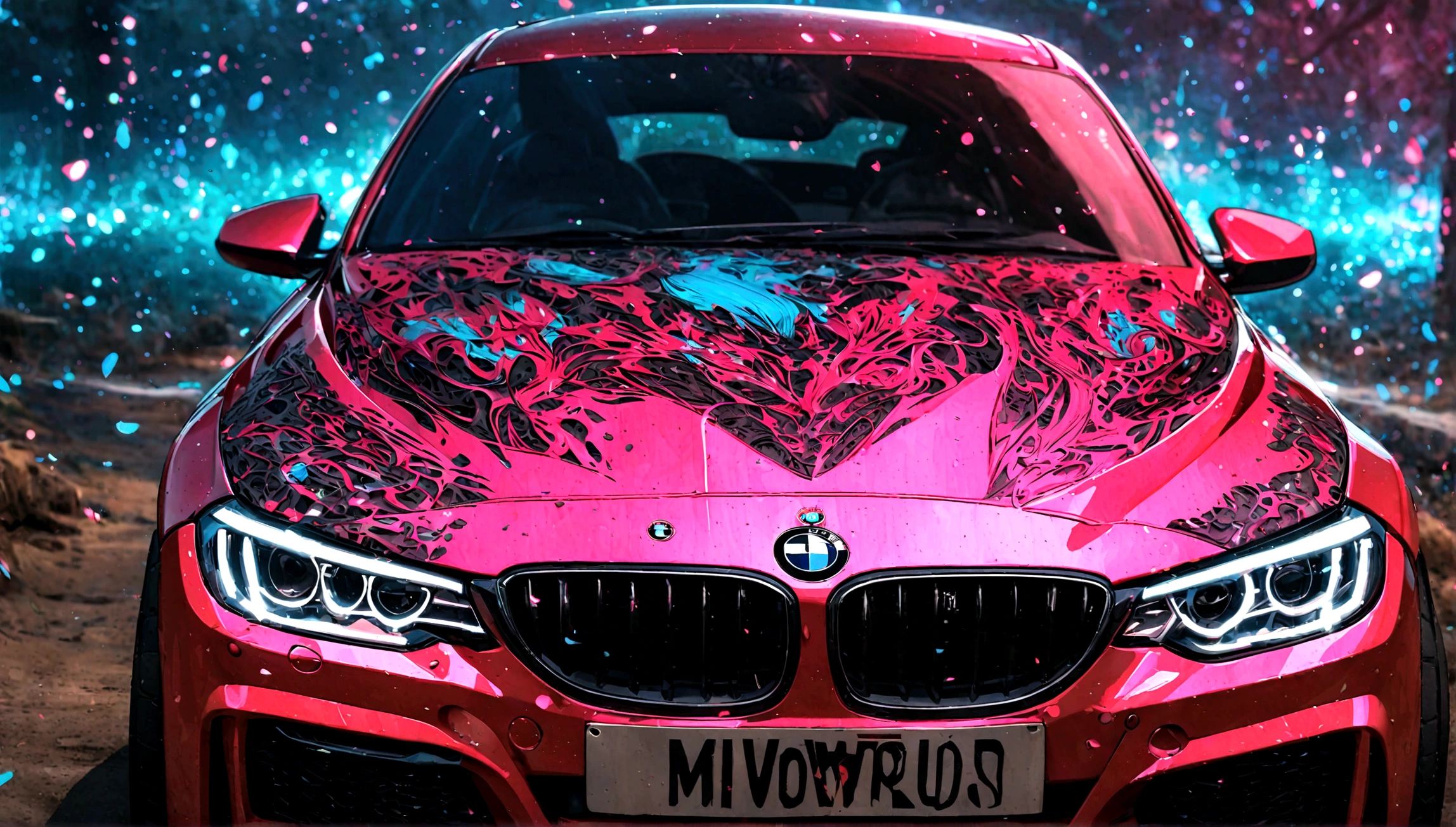 chica sexy vestida de rojo con un vestido ajustado con un auto bmw rojo de fondo.