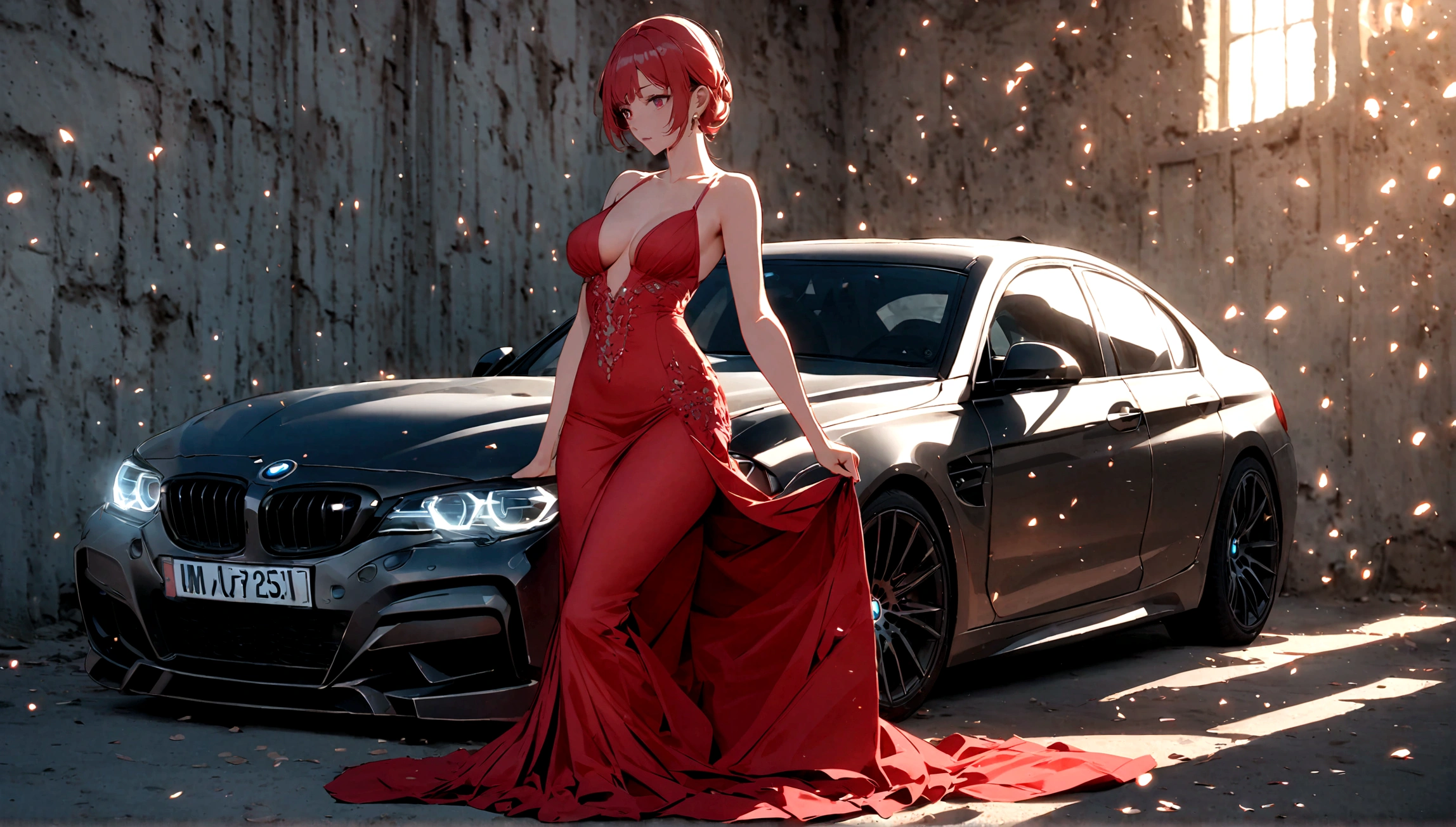 chica sexy vestida de rojo con un vestido ajustado con un auto bmw rojo de fondo.