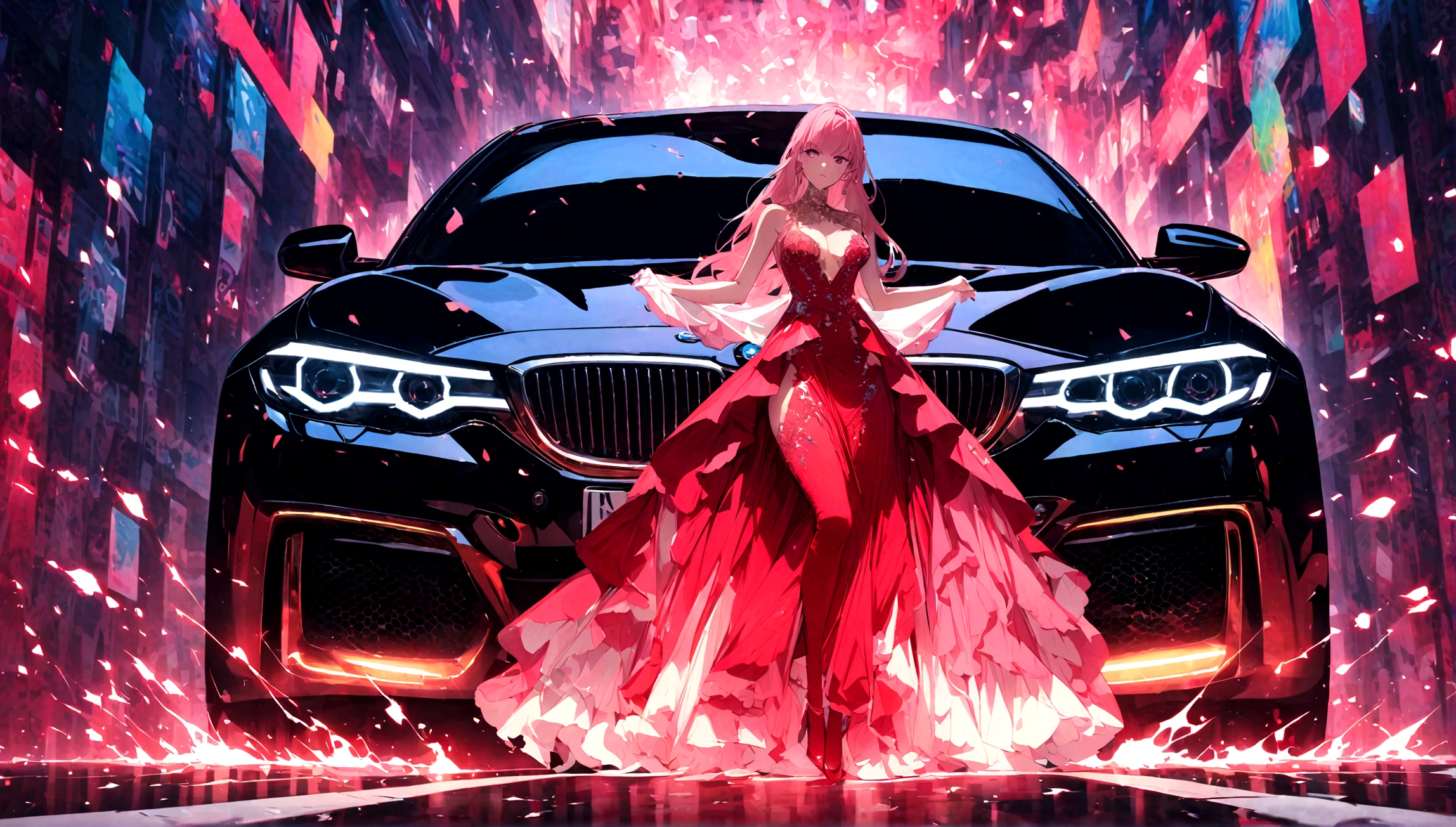 chica sexy vestida de rojo con un vestido ajustado con un auto bmw rojo de fondo.