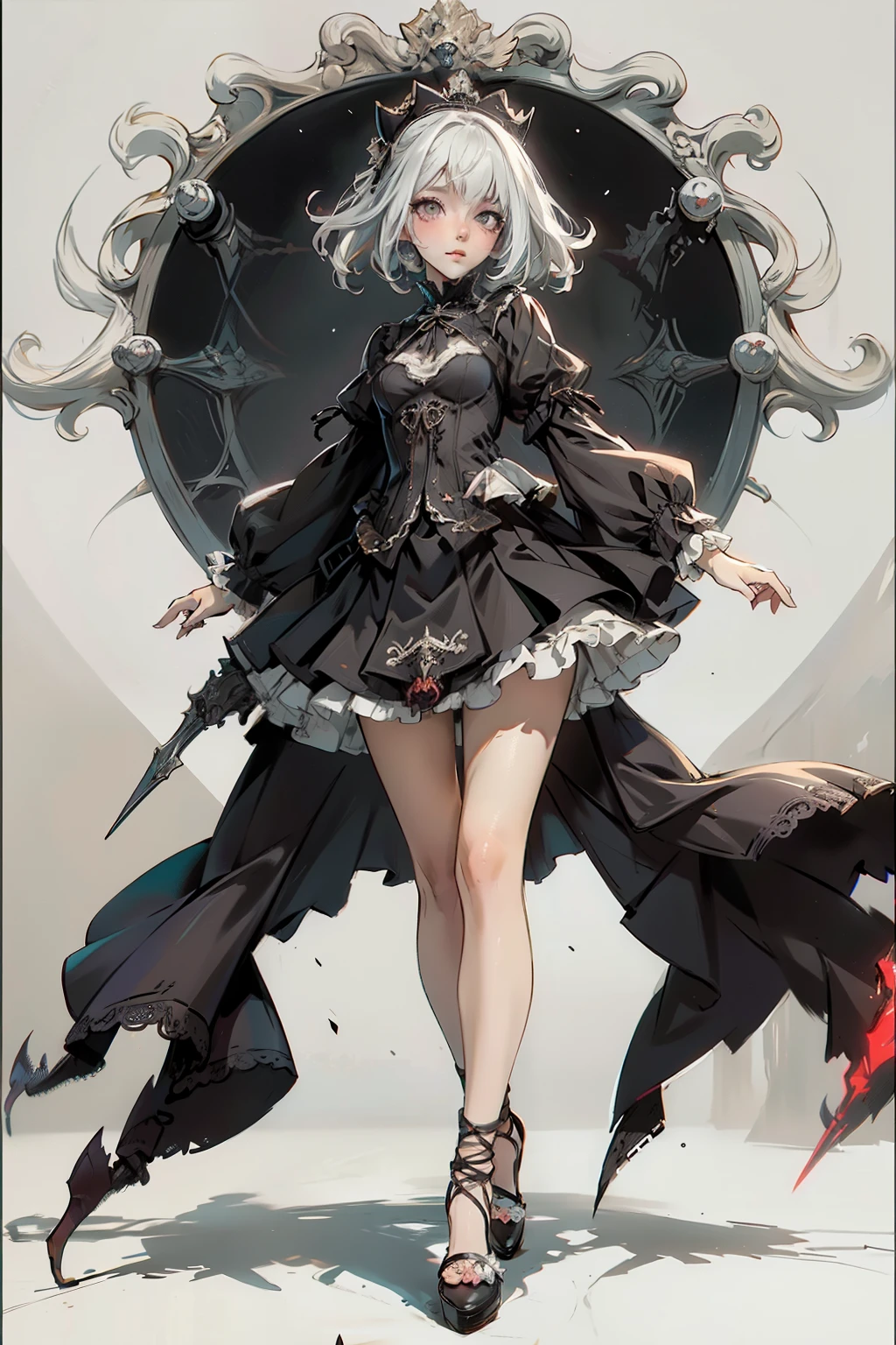 ((best quality)), ((masterpiece)), (detailed), blank white background, plain background, white background, Bloodborne inspired, occult aesthetic, occult, detailed and intricate steampunk and detailed gothic, NSFW, Very dramatic and cinematic lighting, cosmic horror, grim-dark, side-lighting, perfect face, NSFW, Fluttering lace flared long knee length dress with frilly petticoats, knee length dress, pleated petticoats, ta dress, petticoats gothic loliside-lighting, gothic lolita aetic, beautiful small breasts, small breasts, full body, whole body, body, plain background, white background, blank background, no background, white background NSFW, full body, whole body, head-to-toe