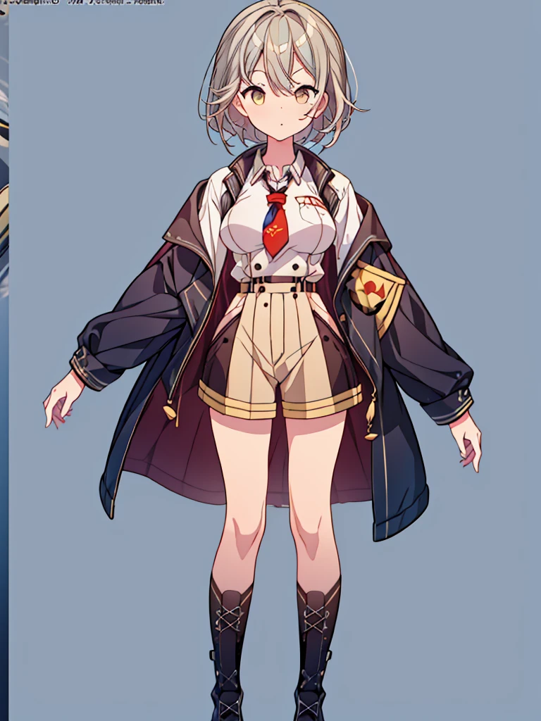 (((1girl)))、starの妖精、vtuber-halfbody、(((highest quality、Masterpiece、The best composition、Golden Ratio、Official Art、Super detailed、Super detailedな目)))、ultra detailed, from front, headshot、 blue and white hair color、Short bangs above eyebrows、Short Hair、Standing in front of the viewer、軍服とゴスロリをリメイクしたMilky Way柄の洋服で濃紺と水色を基調にした色、Knee-high boots、Pure white simple background、star、Milky Way、流star群、