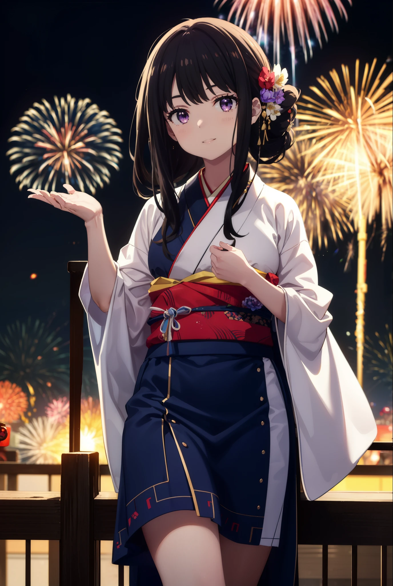 Takiuchi, Check it out,One Girl, Long Hair, bangs, Black Hair, (Purple eyes:1.2),Flower Hair Ornaments,hair tied back,smile,blush,Embarrassing,Blue Kimono,Blue long skirt,Sandals,日本のfestival,夏festivalの屋台、Red lantern,Fireworks in the night sky,Fireworks,The place is a fireworks display,Time is night,whole bodyがイラストに入るように,Looking up from below、Walking,
break outdoors, festival,shrine,
break looking at viewer, whole body, (Cowboy Shot:1. 5)
break (masterpiece:1.2), highest quality, High resolution, unity 8k wallpaper, (figure:0.8), (Beautiful fine details:1.6), Highly detailed face, Perfect lighting, Highly detailed CG, (Perfect hands, Perfect Anatomy),