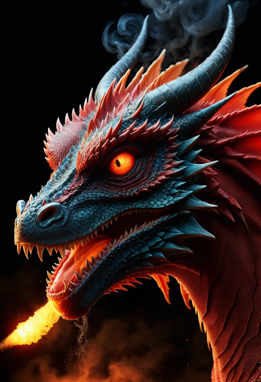 Arafed, Attention to detail, highest quality, 16k, [Super detailed], masterpiece, highest quality, (Very detailed), Red dragon head close-up, The dragon is close by, Smoke coming out of the nose , fire in his reptilian eye,  eye, A sense of impending doom, danger, Dynamic Light, Attention to detail, highest quality, High resolution, Interested, 3D Rendering, 