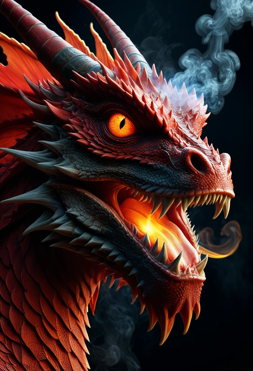 Arafed, Attention to detail, highest quality, 16k, [Super detailed], masterpiece, highest quality, (Very detailed), Red dragon head close-up, The dragon is close by, Smoke coming out of the nose , fire in his reptilian eye,  eye, A sense of impending doom, danger, Dynamic Light, Attention to detail, highest quality, High resolution, Interested, 3D Rendering, 