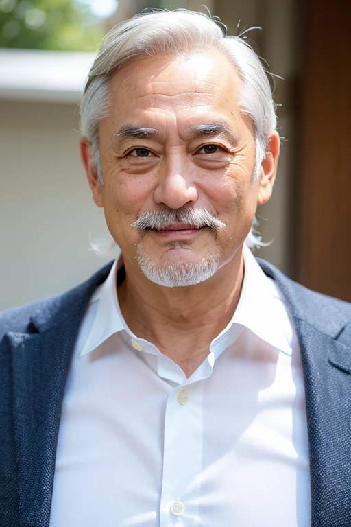 Gray Hair,True Face,Upper body only，White mustache,Stylish Uncle，no background，White shirt,7:3 parting，True Face，Looks like Ken Watanabe

