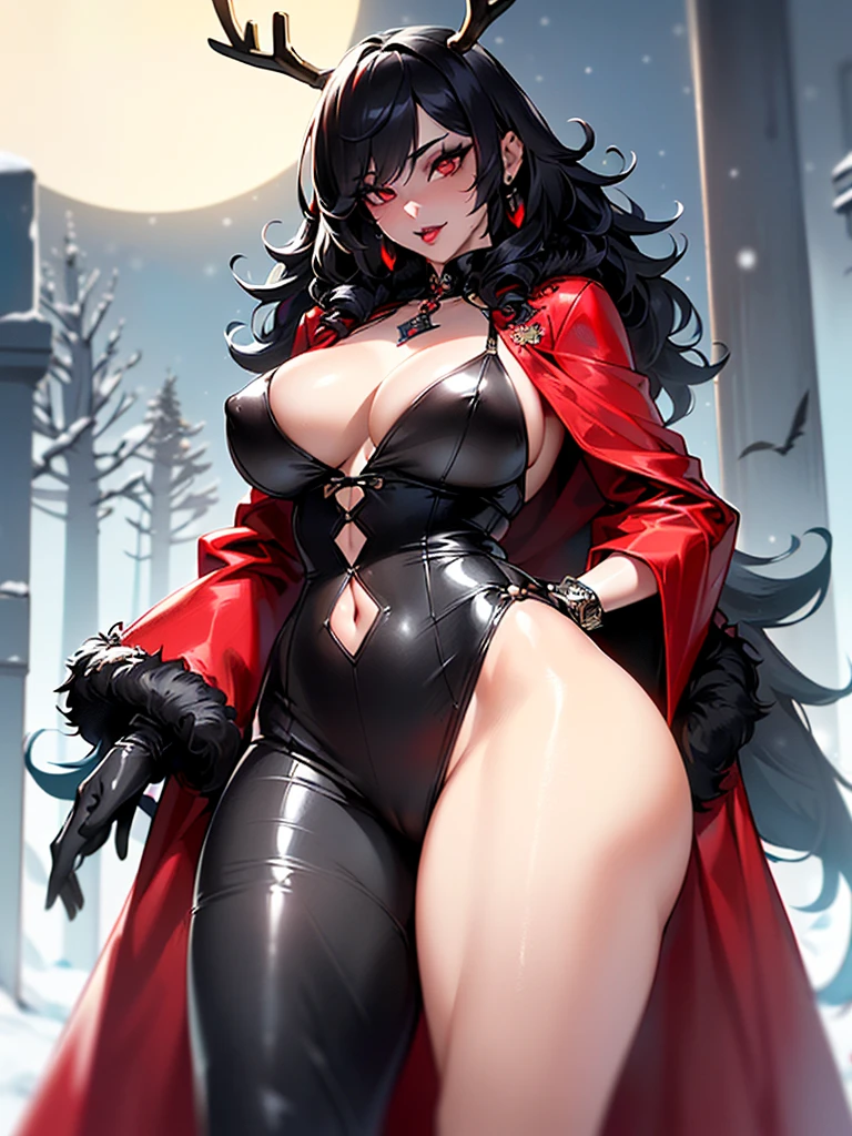 gothic reindeer girl,(((1girl))),((extremely cute and beautiful black haired anime gothic reindeer girl)),
(((anthro furry:1.2), Playboy_Reindeer, reindeer_antlers,(huge antlers:1.2),)),(large breasts:1.4),saggy breasts,((((black curly hair:1.35,medium hair,colored inner hair,ear breathing)))),(((red eyes:1.3))),intricate eyes,beautiful detailed eyes,symmetrical eyes,big eyes:1.5,((fat)),(((lustrous skin:1.5,bright skin: 1.5,skin tanned,shiny skin,very shiny skin,shiny body,plastic glitter skin,exaggerated shiny skin,illuminated skin))),(spider lower abdomen,narrow waist,wide hip,athletic body,inflated legs,delicate detailed fingers,detailed body,detailed arms,human hands,(detailed face)),
cute,slutty,seductive,erotic,(((nsfw))),
zettai ryouiki,revealing clothing,show skin,(((Sexy goth fur coat, goth fur coat outfit, wearing a goth fur coat:1.3,dark red winter coat))),((red goth mini-skirt,red goth mini skirt with furry edge,visible thong straps)),(red gothic clothes,semi-naked,with little goth clothing),((((Black Eyeshadow,Thick Black Eyeliner,Long Dramatic Eyelashes,Black Lips,moon Accessories,ravens ornaments)))),((ravens on her clothes)),(((intricate outfit,intricate clothes,embroidered outfit,ornate outfit))),
(dynamic pose:1.0),embarrassed,(centered,scale to fit dimensions,Rule of thirds),
((snowy pine forest at night)), with dark stormy clouds,winter,scenery:1.25,((snow forest background)),Christmas tree,
highres,sharp focus,(ultra detailed,extremely detailed),(photorealistic artwork:1.37),(extremely detailed CG unity 8k wallpaper),(((vibrant colors,vibrant theme))),(intricate),(masterpiece),(best quality),