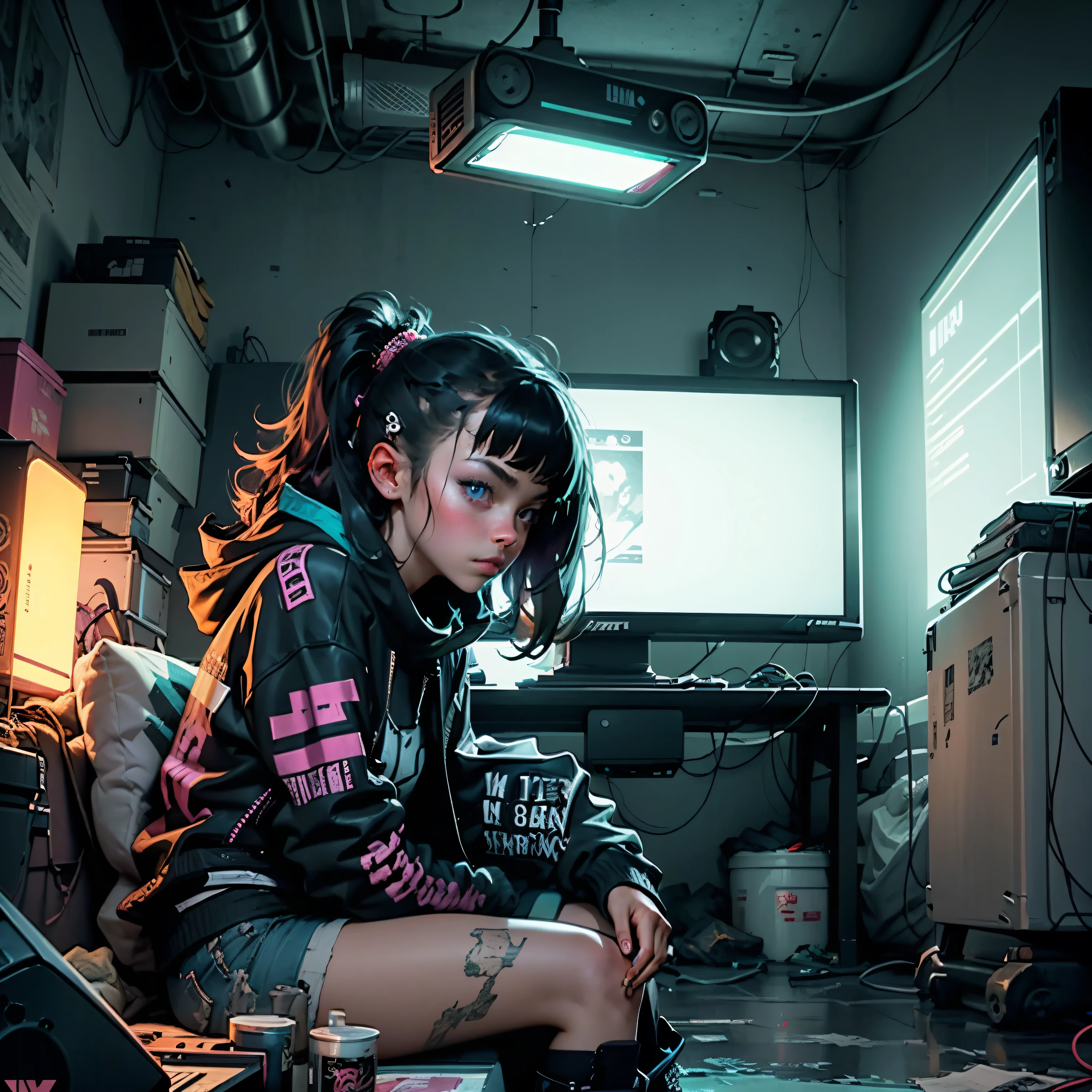 there is a girl sitting on a bed in a room playing video games, big television, teen room with books, cyberpunk, inspired by Liam Wong, at night, dark room, lo-fi illustration style, gamer room, studying in the room, cyril rolling over and m.w kaluta, teen room.