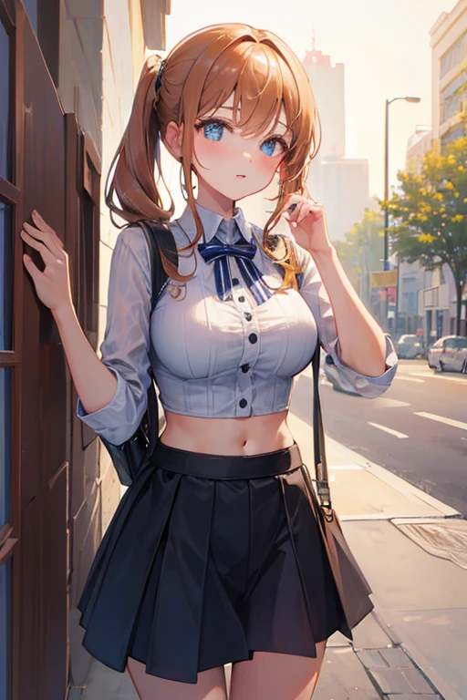 ((Tabletop, Highest quality, High resolution, Hmph, Pixel perfect, 4K, Hmph, Hmph))), 1 Girl, single, alone, Beautiful woman、I could see the whole body、 ((Short Wavy Hair, bangs, Brown Hair)), ((Brown eyes, Beautiful eyelashes, Realistic eyes)), ((Detailed face, blush:1.2)), ((Smooth texture:0.75, Realistic texture:0.65, Realistic:1.1, Anime CG Style)), Medium chest, Dynamic Angle, Perfect body, ((Red bow tie, , , White shirt, Black Skirt, Checked skirt))、Station stairs、the wind is strong、Very embarrassing panic smile、Bra is visible through、Light blue floral bra.............、lean forward to emphasize the chest、Angle looking up from the bottom of the stairs、 (the wind lifted my skirt、、、Her light blue floral panties are visible.)、