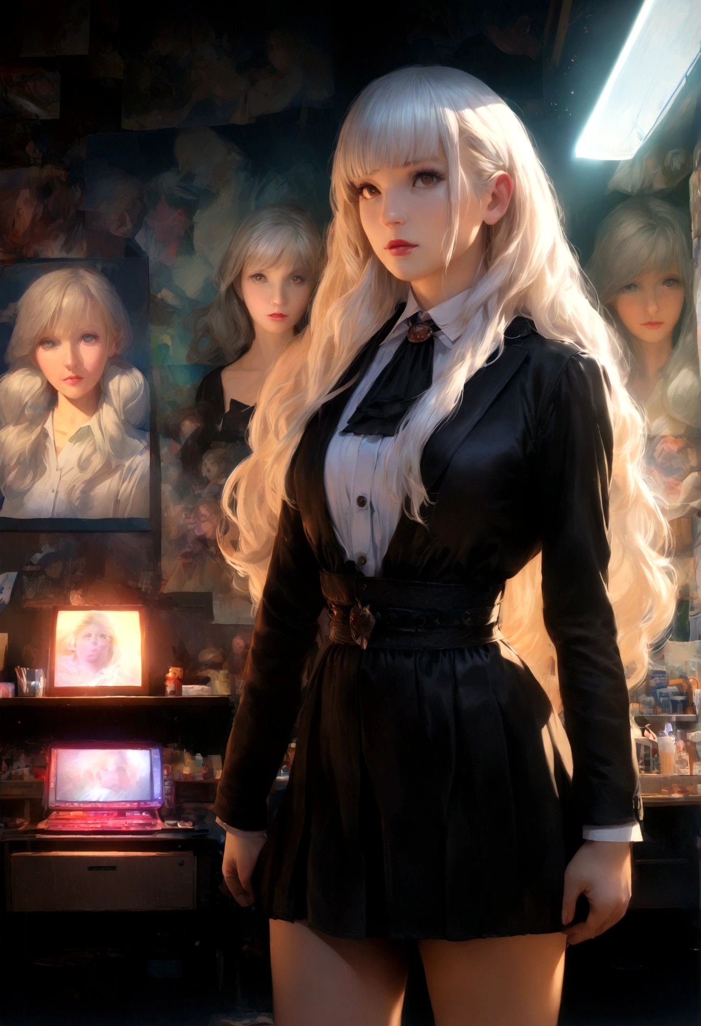 Hyper-realistic portrait of woman by David Hockney and Alphonse Mucha,fantasy art, photo realistic, dynamic lighting, art station, poster, volumetric lighting, very detailed faces, 4K, award-winning,, 1 girl, in the dark, deep shadow, subtle, cowboy shot, (official outfit: 1.4), long hair, white hair,