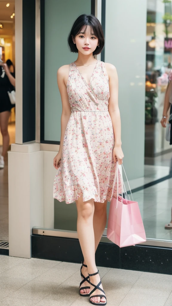 (8k, Photorealistic, Raw photo, Highest quality: 1.4),Japanese idol style1Beautiful girl of the person,20-year-old,Short bob hairstyle,Black Hair,My hair is blowing in the wind,Big, clear grey eyes,Long eyelashes,Plump Cheeks,She is wearing pink lipstick,Apply gloss over your lipstick for glossy, plump lips,She is wearing a three-quarter length sleeveless floral cut-and-sew dress,wearing sandals on bare feet,holding a handbag in hand,Shopping at the mall,Full body portrait