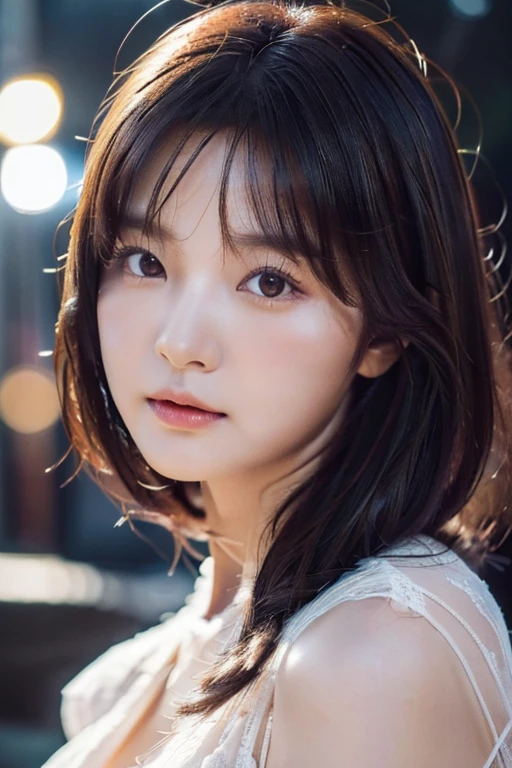 1girl, solo picture, Kim Yoo-jung, (beauty goddess face (mixRussian)), (insult strip colour hair), (8k HD extremely realistic detailed face:1.5 (soft scene, very low lightning), masterpiece:1.3, ultra highres:1.2, dynamic lighting), cinematic scene,