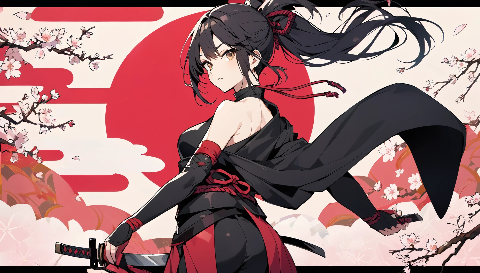 Female ninja with shoulder blades, Asian, Long black hair, Brown eyes, Hooded, tights, Ninja costume, Cherry blossom background, Japan