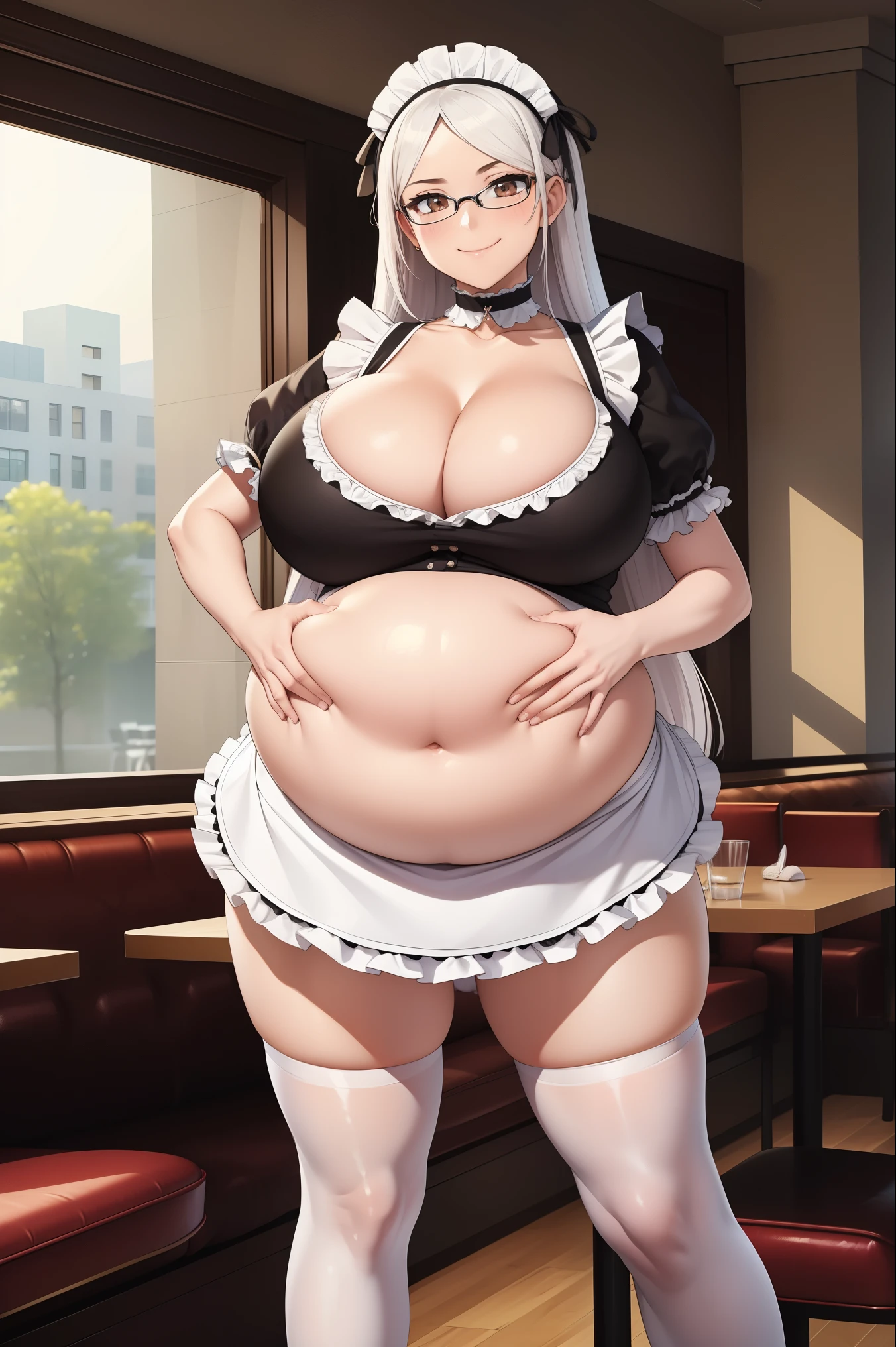 (masterpiece, best quality:1.4), illustration, 8k, hd, 1girl, solo, elegant_long_hair, white_hair, dress, white_thighhighs, no underwear, short_sleeves, frills, apron, brown_eyes, cleavage, metal_collar, anchor_choker, maid, white maid, ((big breast, glasses, smug, big belly, massive belly)), (restaurant, maid cafe)