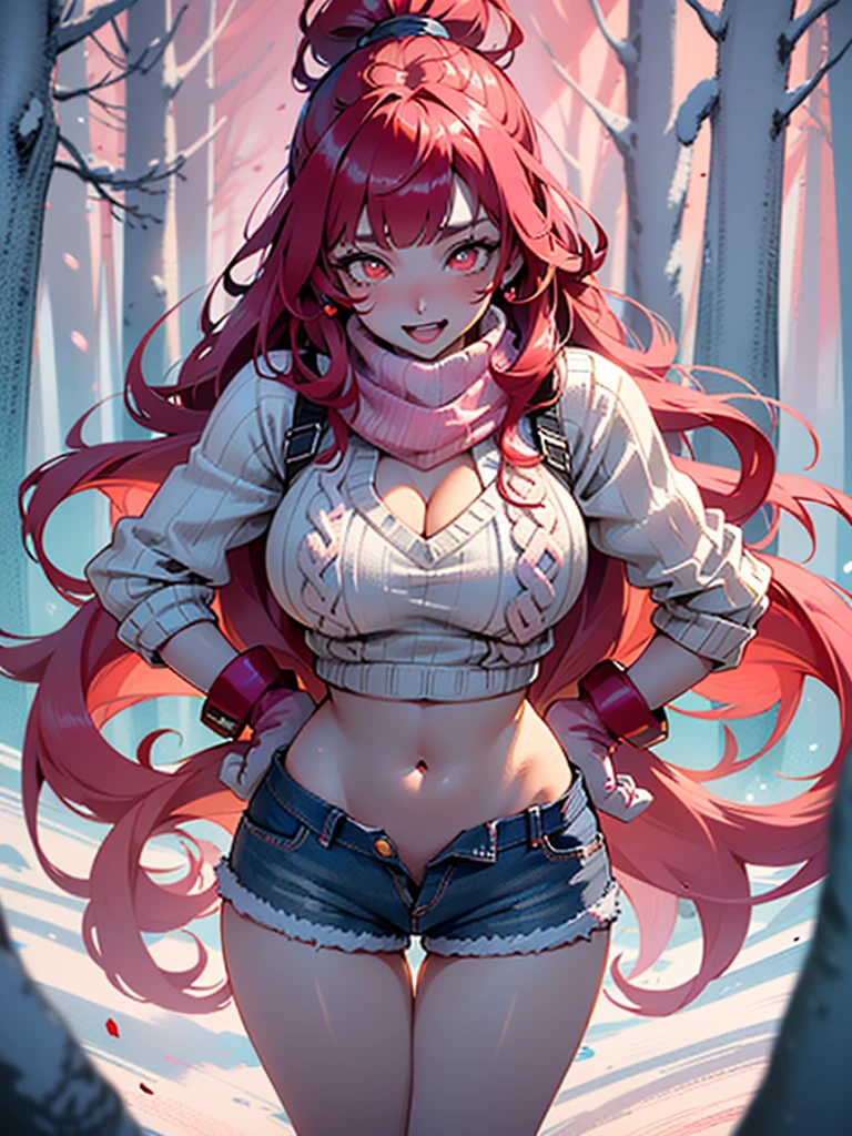 explorer girl,1girl,((extremely cute and beautiful red haired explorer girl)),(((18 years old))),(large breasts:1.4),((((red hair:1.35,absurdly long unkempt hair,ponytail red hair,bangs,colored inner hair,ear breathing)))),(((red_eyes:1.3))),intricate eyes,beautiful detailed eyes,symmetrical eyes,((((lustrous skin:1.5,tanned skin,bright skin:1.5,skin tanned,shiny skin,very shiny skin,shiny body)))),(spider lower abdomen,narrow waist,wide hip,athletic body,inflated legs,thick thighs,detailed body,(detailed face)),((heart pupils:1.5,heart:1.3,hearts:1.3,heart marks:1.3)),(ahegao face:1.5),

cute,slutty,seductive,erotic,(nsfw),

((large white socks:1.5,socks texture must be natural)),((deep V sweater:1.5)),((no bottoms)),((white mittens:1.5,white scarf:1.5),((navel)),((shorts,short shorts,denim shorts)),(((unzipped, open fly))),

(dynamic pose:1.0),embarrassed,(centered,scale to fit dimensions,Rule of thirds),

((snowy pink cherry forest:1.5,pink theme forest:1.5)),winter,scenery:1.25,((intricate scenery)),((snow forest background)),Christmas tree,

(Glossy winter ornaments),highres,sharp focus,(ultra detailed,extremely detailed),(photorealistic artwork:1.37),(extremely detailed CG unity 8k wallpaper),(((vibrant colors,vibrant theme))),(intricate),(masterpiece),(best quality),
