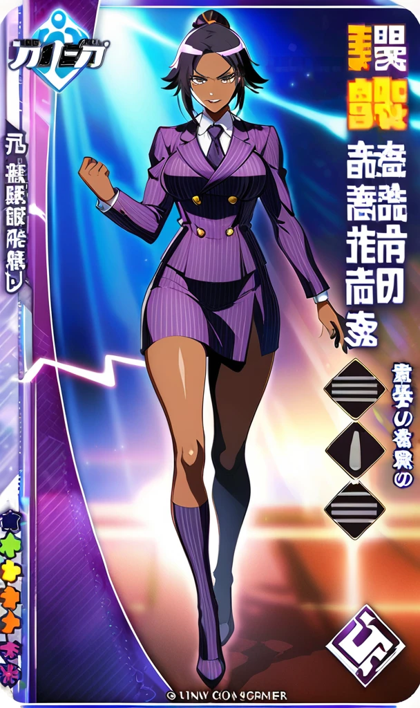 Full body Yoruichi as a thin Black business woman in a double breasted pinstripe purple skirt suit while wearing a tie with a long purple pinstripe skirt and with purple knee socks full art
