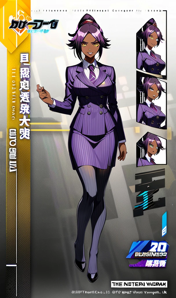  Full body Yoruichi as a thin Black business woman in a double breasted pinstripe purple  skirt suit while wearing a tie with a long purple pinstripe skirt and with purple knee socks full art 
