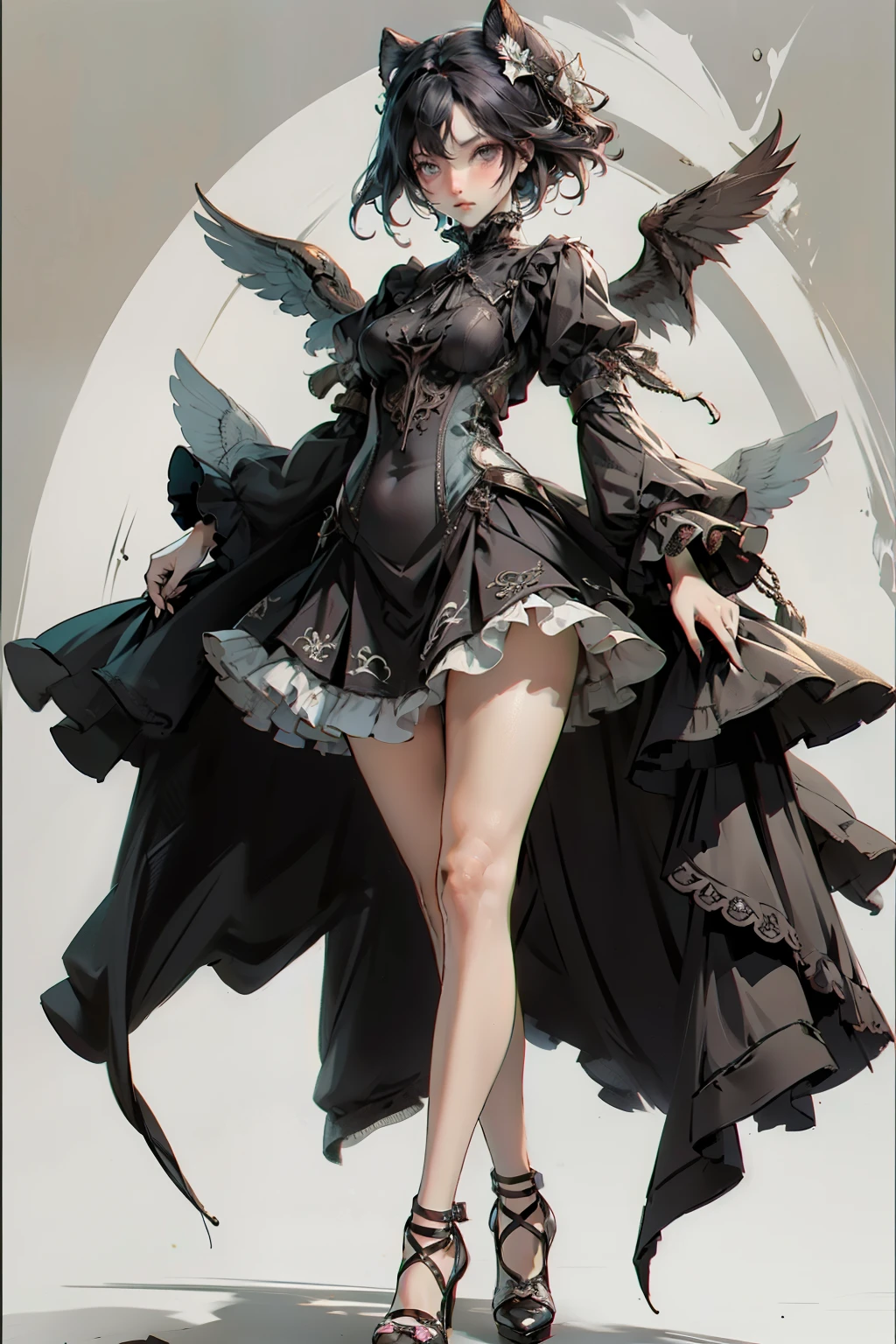 ((best quality)), ((masterpiece)), (detailed), blank white background, plain background, white background, Bloodborne inspired,  occult aesthetic, occult, detailed and intricate steampunk and detailed gothic, NSFW, Very dramatic and cinematic lighting, cosmic horror, grim-dark, side-lighting, perfect face, NSFW, Fluttering lace flared long knee length dress with frilly petticoats, knee length dress, pleated petticoats, lolita dress, petticoats gothic lolita, side-lighting, gothic lolita aesthetic, beautiful small breasts, small breasts, full body, whole body, body, plain background, white background, blank background, no background, white background NSFW, full body, whole body, head-to-toe