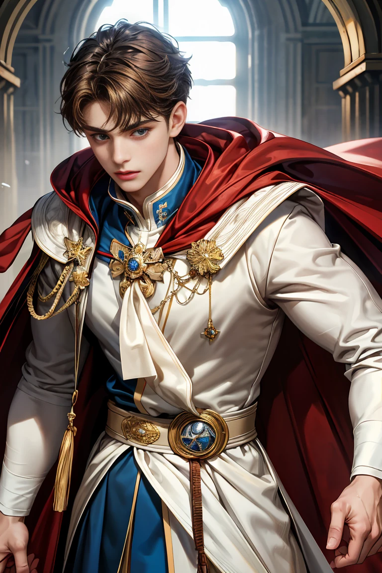 masterpiece, 最high quality, high quality, 1 boy, alone, Male focus, Watching the audience, Messy brown hair, Adorable big blue eyes, White, Noble, Noble, Sexy voluminous cape、A very voluminous, large, very large, very large, long, long red and black cape with a high stand-up collar, reaching down to the floor, made of a lot of fabric., ,Cute beautiful boys,Cute, cute, kind, handsome guy