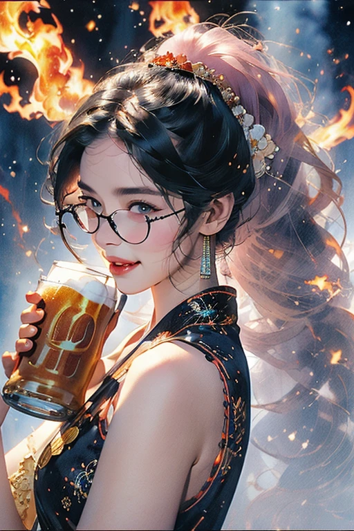 Transparent watercolor, High resolution, Super detailed, (One beautiful girl:1.3), ((Beautiful mature round-faced girl wearing black flame glasses smiling and drinking a can of beer)), Long pink hair tied in a ponytail, A tight-fitting, sleeveless white bodysuit with gold embellishments