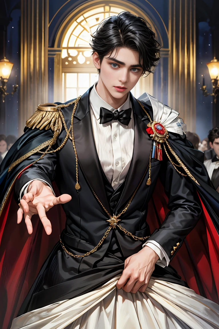 
masterpiece, 最high quality, high quality, 1 boy, alone, Male focus, Watching the audience,  Messy black hair, Adorable big blue eyes, White, Noble, Noble,Sexy voluminous cape、Tuxedo、A very voluminous, large, very large, very large, long, long red and black cape with a high stand-up collar, reaching down to the floor, made of a lot of fabric., 17 years old,Cute beautiful boys,Cute, cute, kind, handsome guy