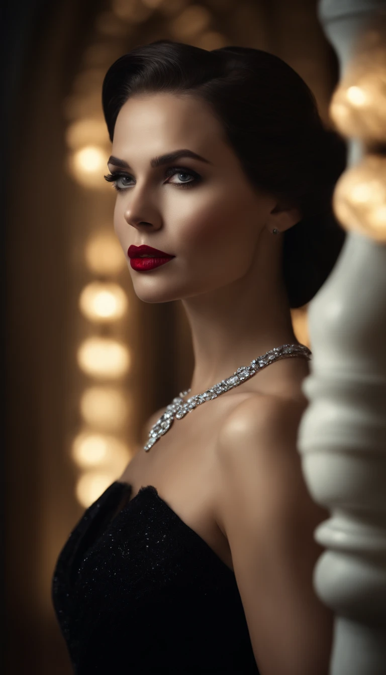 a woman in a black evening gown, elegant spy, beautiful detailed eyes, beautiful detailed lips, extremely detailed face, longeyelashes, secret agent, (best quality,4k,8k,highres,masterpiece:1.2),ultra-detailed,(realistic,photorealistic,photo-realistic:1.37),high-end fashion,dramatic lighting,cinematic composition,moody atmosphere,intense gaze,stealthy pose,mysterious background,glossy black dress,diamond necklace,red lips,sharp cheekbones,precision watch,hidden weapon,dramatic shadows,impeccable makeup