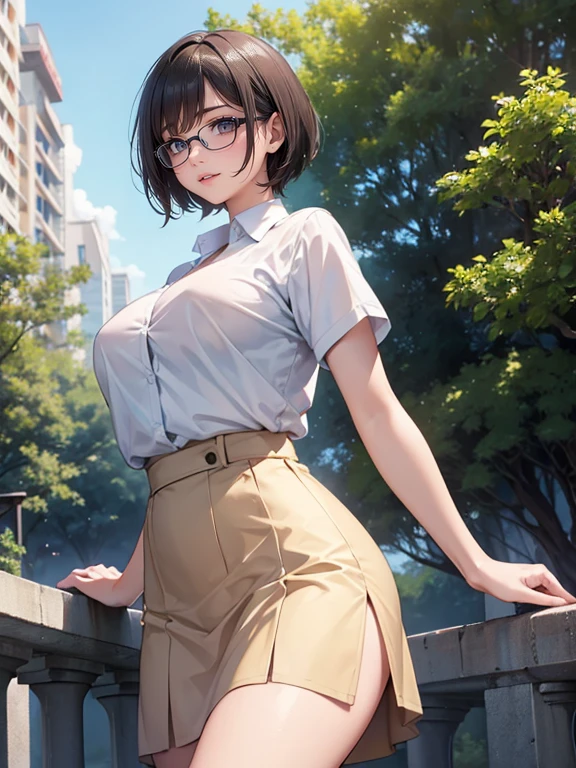 Mature Woman (short hair) (Pixie Cut) plump attractive appearance Short brown hair with bangs Rimless Glasses Big eyes Expressions of joy Larger breasts A fitted shirt and a long flared skirt At the park masterpiece humidity Drawing from below Portraiture Low Angle Beautiful legs Skirt fluttering in the wind Accentuate the crotch she'not wearing panties under the skirt Genitals are exposed The skirt was pulled up Accurate Body Composition