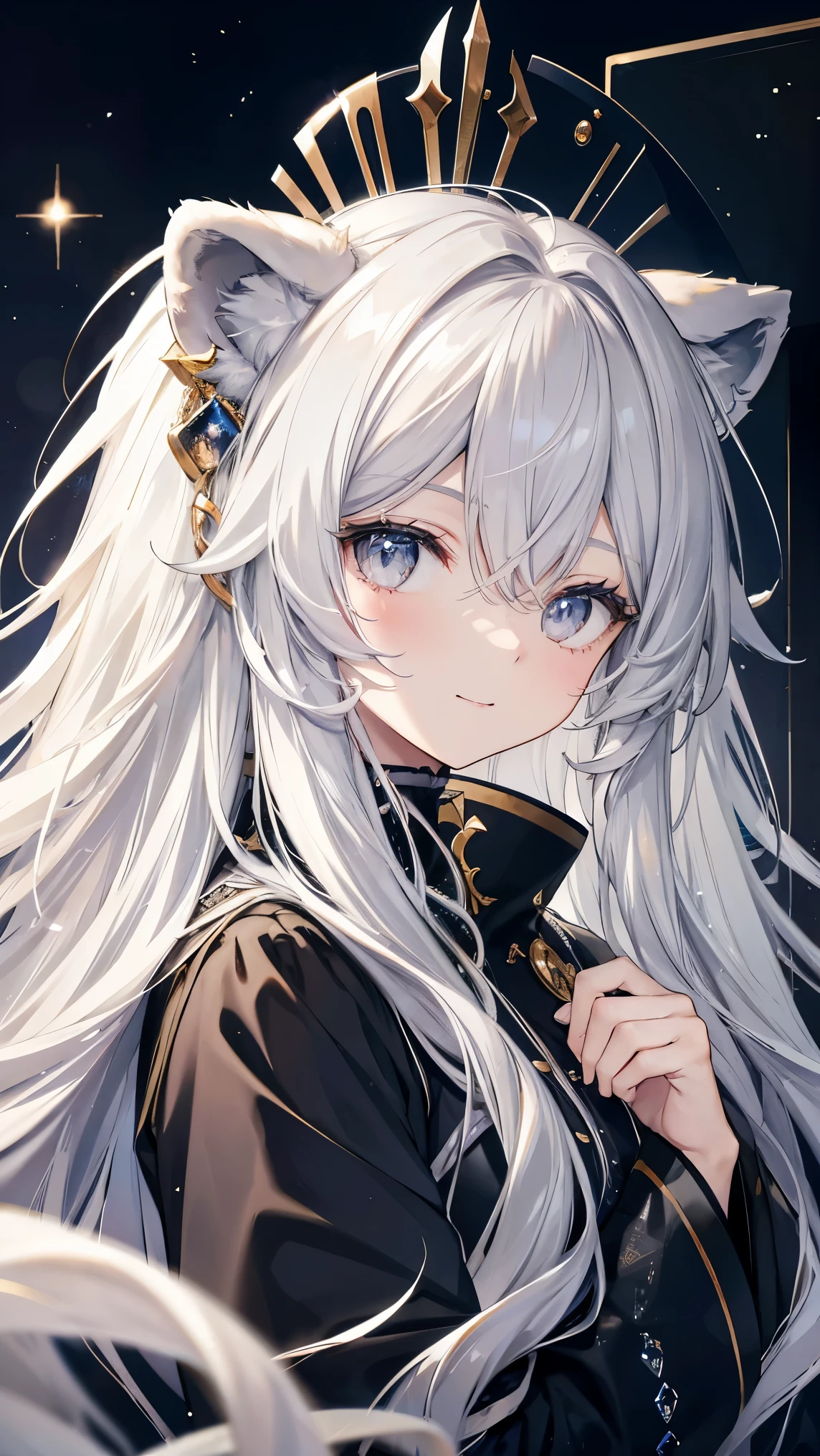 Very long hair、Gray Hair、Detailed sparkly eyes、Grey Eyes,Lion ears,Lion&#39;s Tail,smile、Embarrassing、shine、reflected light、Film Grain、masterpiece、Textured Skin、Super Detail、High Detail、high quality、最high quality、High Resolution、16k、shine、church,Veil,Wedding dress、race,Frills,hydrangea,Stained glass