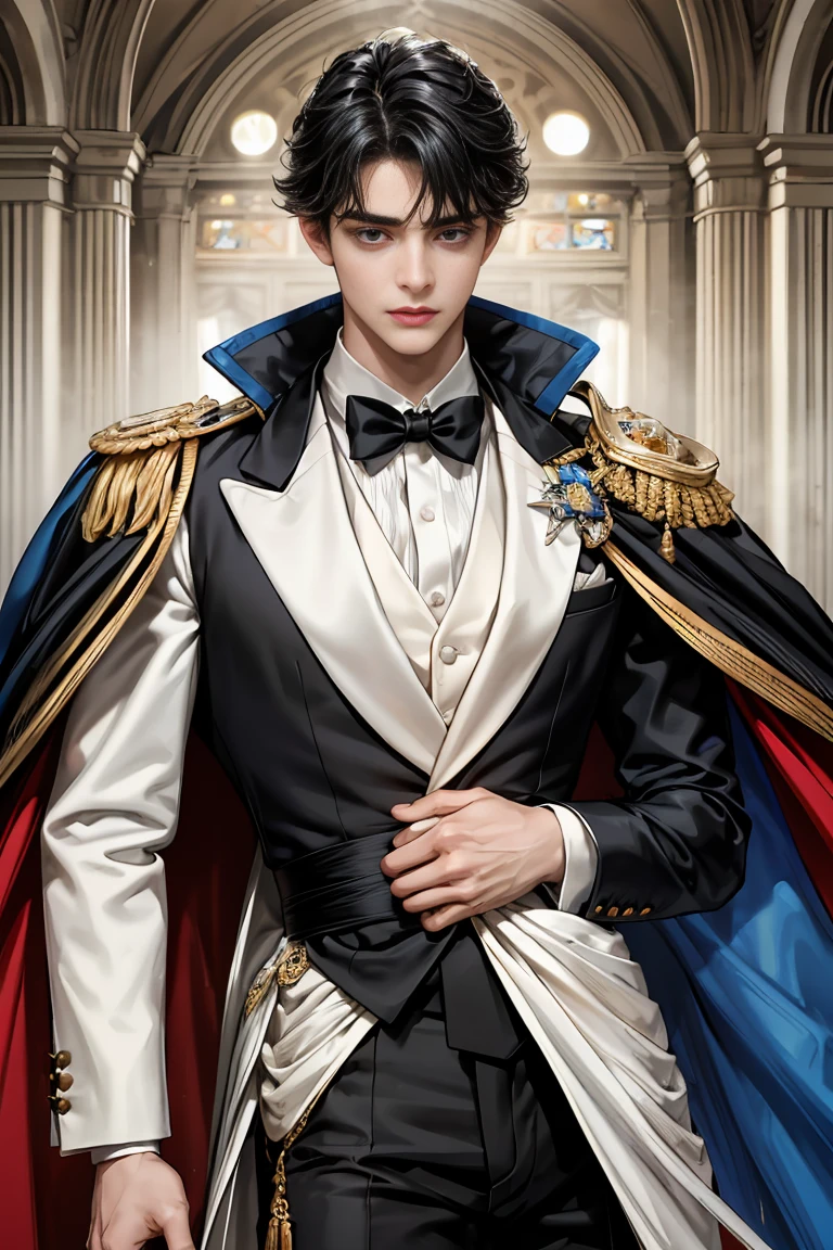 masterpiece, 最high quality, high quality, 1 boy, alone, Male focus, Watching the audience, Messy black hair, Adorable big blue eyes, White, Noble, Noble,Sexy voluminous cape、Tuxedo、A very voluminous, large, very large, very large, long, long red and black cape with a high stand-up collar, reaching down to the floor, made of a lot of fabric., 17 years old,Cute beautiful boys,Cute, cute, kind, handsome guy