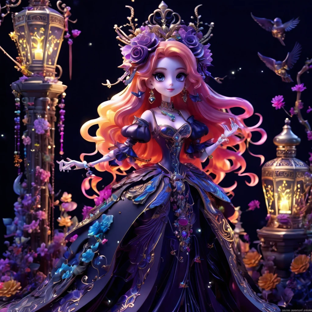 1girl, long hair, bright hair color, seductive eyes, mysterious expression, mature appearance, charming dress, flowing short dress, elegant jewelry, intricate decoration, magic symbols, glowing accessories, potions, scrolls, cute accents, bows, ribbons, flowers, birds, skeleton