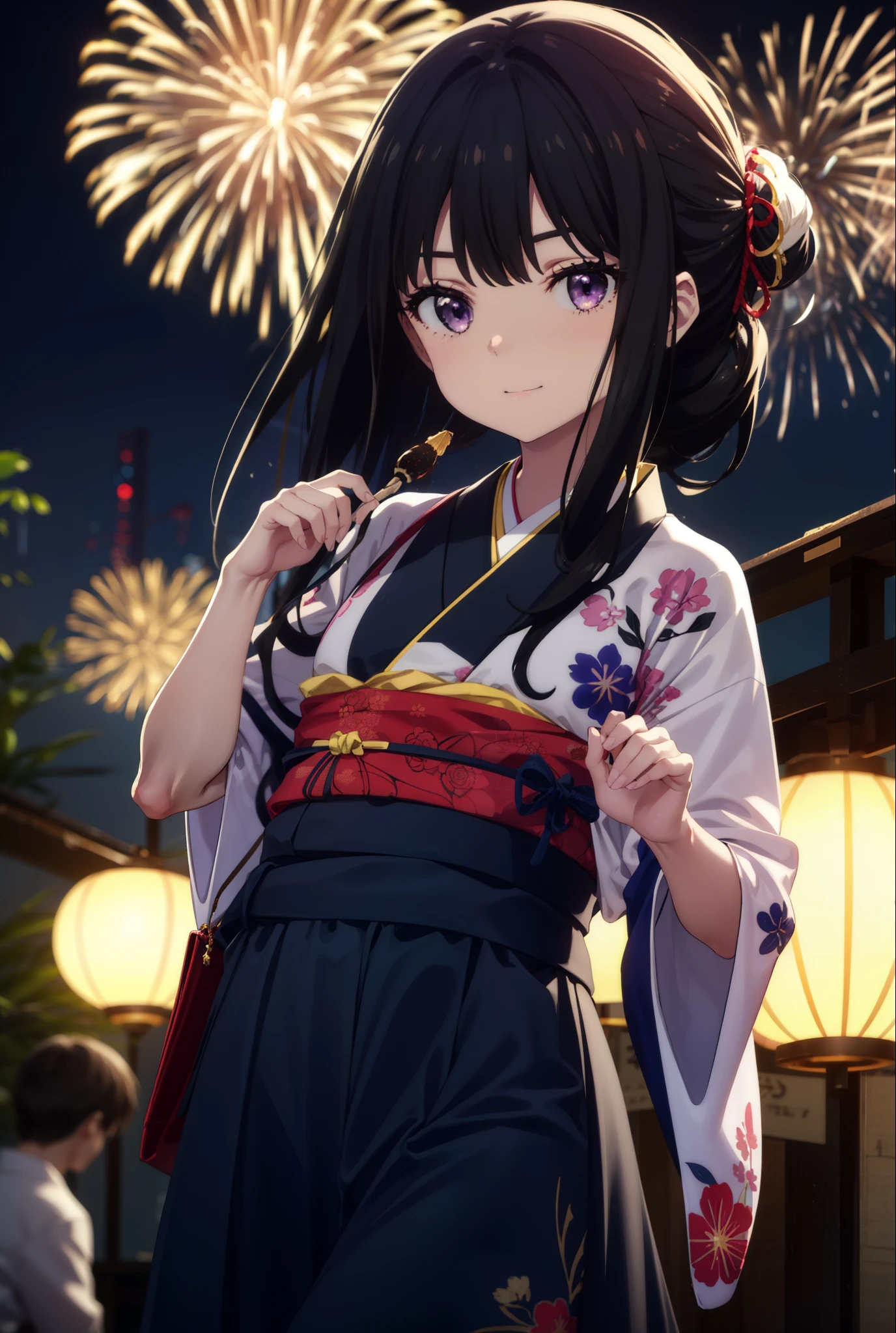 Takiuchi, Check it out,One Girl, Long Hair, bangs, Black Hair, (Purple eyes:1.2),Flower Hair Ornaments,hair tied back,smile,blush,Embarrassing,Blue Kimono,Blue long skirt,Sandals,日本のfestival,夏festivalの屋台、Red lantern,Fireworks in the night sky,Fireworks,The place is a fireworks display,Time is night,whole bodyがイラストに入るように,Looking up from below、Walking,
break outdoors, festival,shrine,
break looking at viewer, whole body, (Cowboy Shot:1. 5)
break (masterpiece:1.2), highest quality, High resolution, unity 8k wallpaper, (figure:0.8), (Beautiful fine details:1.6), Highly detailed face, Perfect lighting, Highly detailed CG, (Perfect hands, Perfect Anatomy),