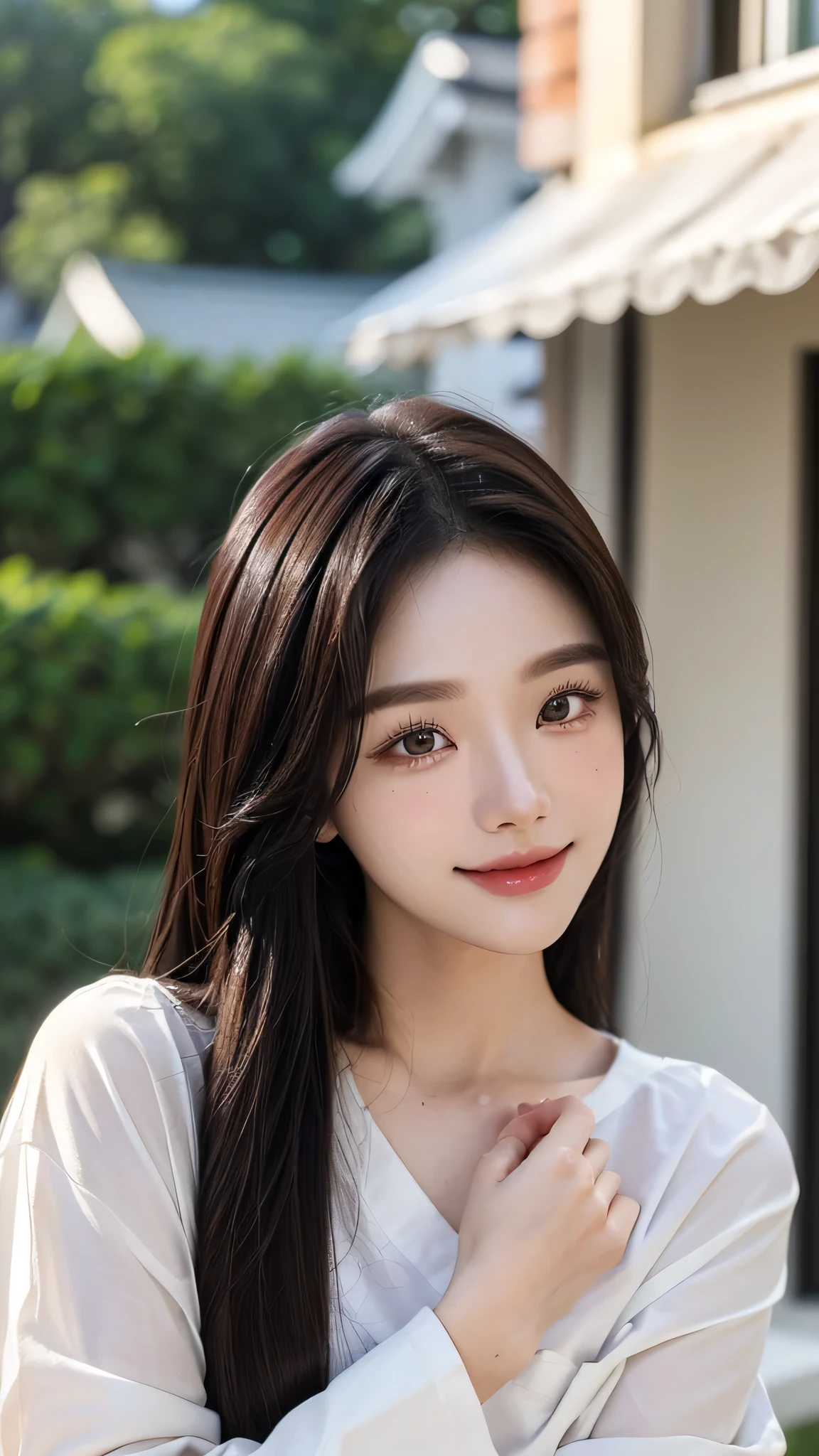 masterpiece、top-quality)、1 beautiful girl, (Detailed beautiful eyes), ((Detailed skin)) , ((Detailed medium hair)), in the white villa、((Boyish Brown Medium Hair))、((Smaller face))、((Neutral face))、((Face seen from the side))、((Light brown eyes))、((Korean Girl))、((18year old))、((shirt and short))、((A shy smile on his face))、((Korean Makeup))、((elongated and sharp eyes))、((Happy dating))、((boyish))、((Shot from the same height as your face)、full body , RAW photos, on the white villa ), ((CG rendering)), ((Blurred background)), ((16K)), ((Very detailed)), ((wallpaper)), ((depth of field)), ((movie light)), (( Ray tracing)).