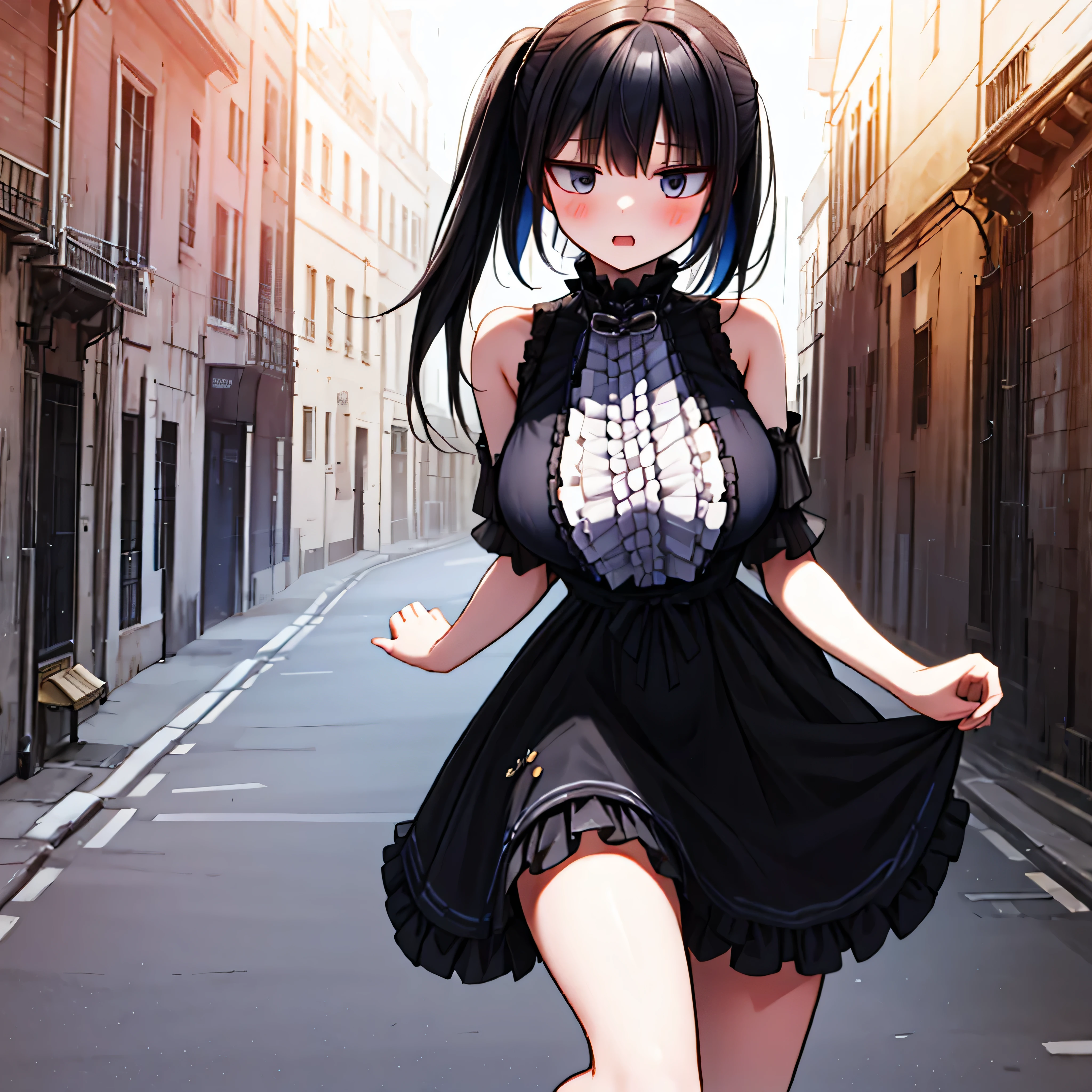 Hands behind back,Tied with hands behind back,lick,from front,front view,looking at viewer, looking ahead,from above,cowboy shot,1girl,Beautiful 14 year old girl,Japanese,Slender,,low length,Small breasts,Thin legs,Small Ass,Baby Face,Small face,Black Hair,two side up,Gray Eyes,Drooping eyes,slit pupils,narrow eyes.middle School girls,Black collar with black leash,String extending to the camera side,A see-through black and light blue negligee,lingerie,open mouth,tongue out,front face,,Straight Stand,Beautiful and detailed anime art,Mischievous smile,Sexy vibe,cum on tongue,bustling street,In town

